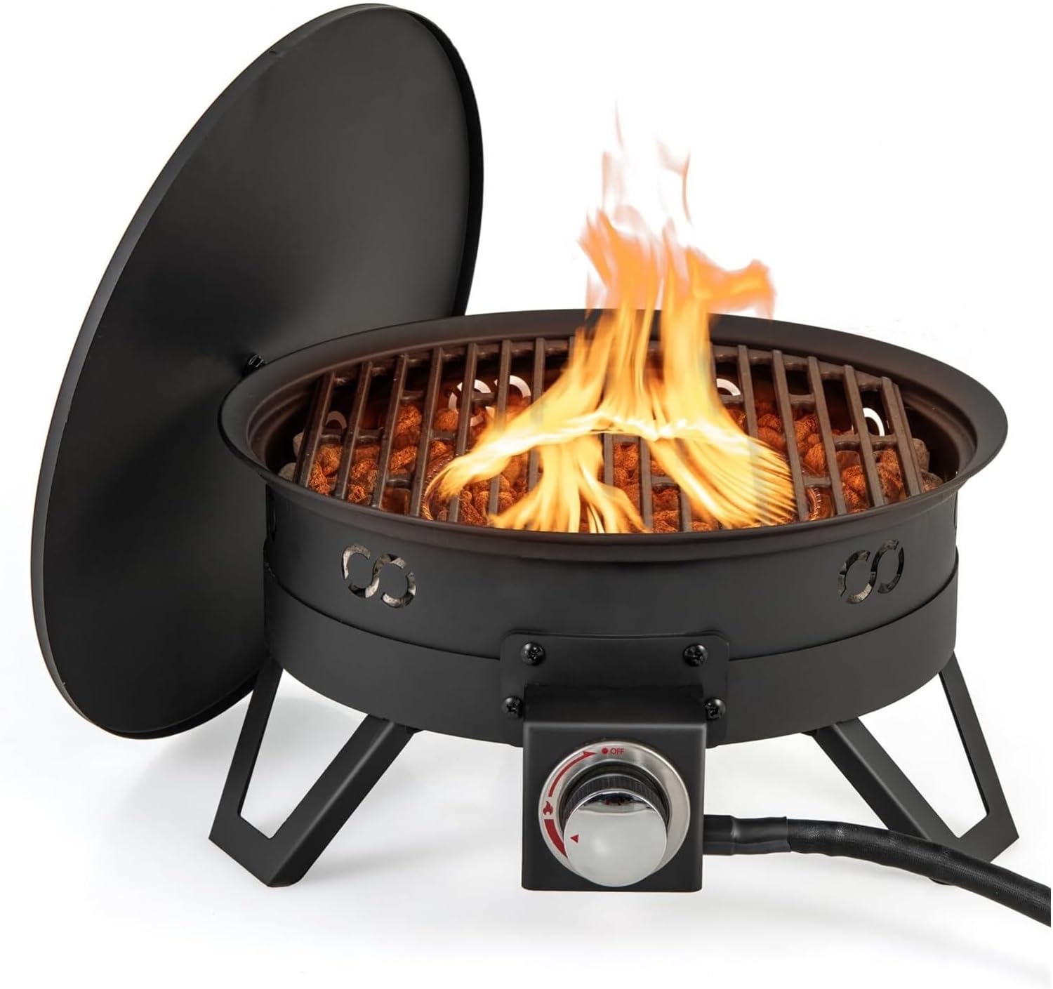 17 Inch Portable Propane Fire Pit for Camping or Backyard with Folding Legs Removable Grill Carrying Bag Lava Rocks Tank Seat Included Outdoor Tabletop Gas Fire Bowl for Patio Deck Travel BBQ