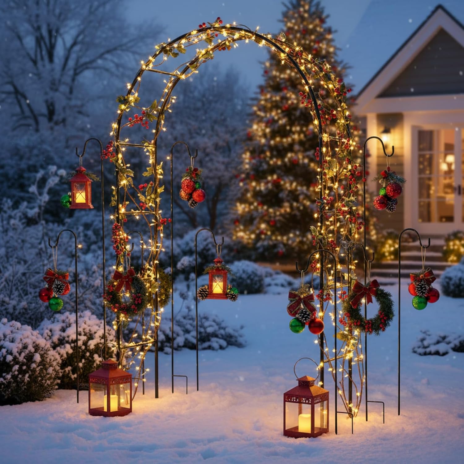 Lounsweer 7.8 ft H Metal Garden Arch Trellis for Climbing Plant Outdoor Garden Pergola Arbor with 12 Pack 31.4 Inch Shepherd Hooks for Hanging Christmas Lights, Lanterns, Wedding Christmas Party Decor