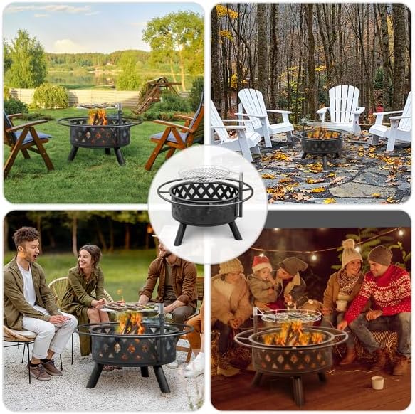 Patio Outdoor Metal Fire Pit Bowl with Grate, Wood Burning Firepit for Camping, Backyard, Heating, Fire Grill Cooking, BBQ Grilling (Diamond Wall 30 Inch Round with Grates)