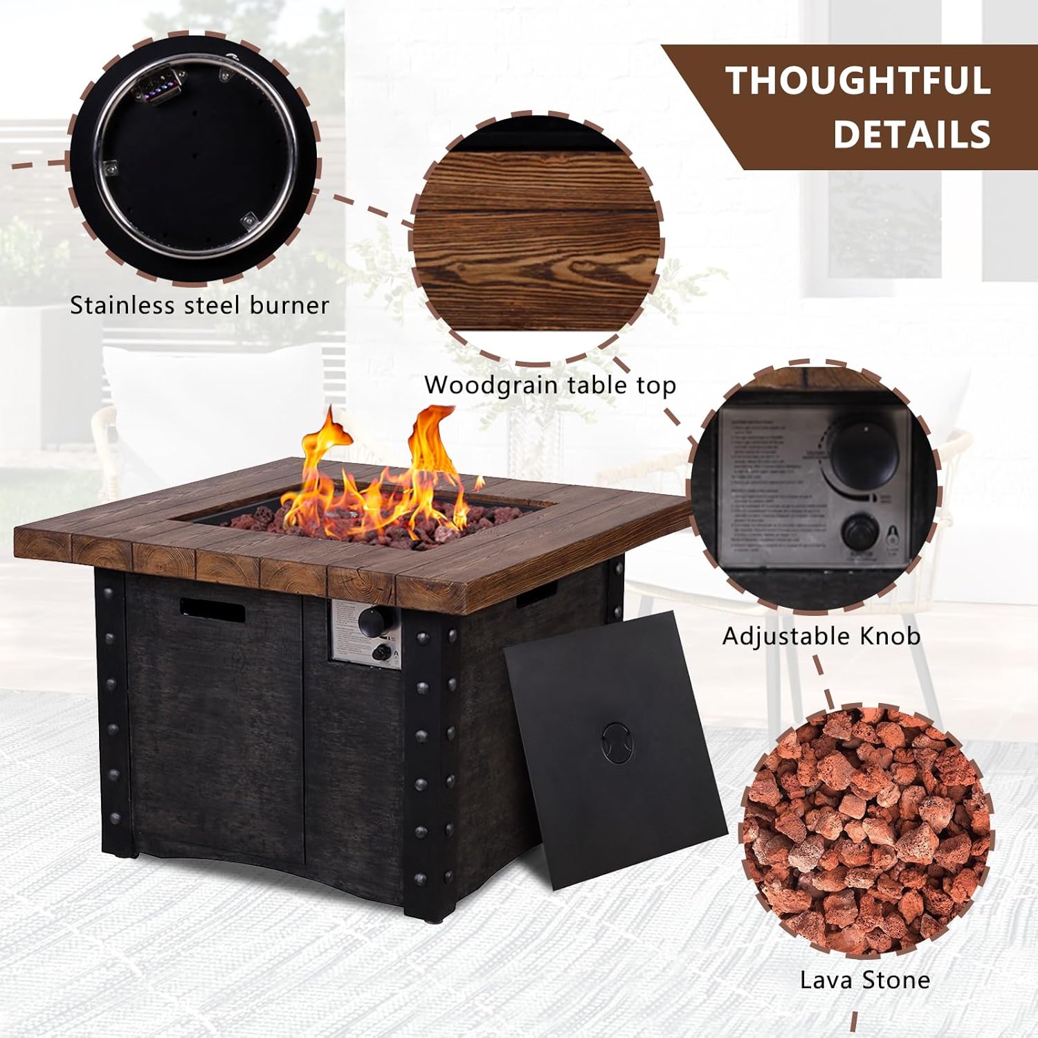 Good Product 50,000 BTU Outdoor Gas Fire Table, Faux Woodgraine Table top Fire Pit