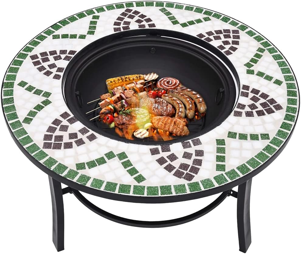 Mosaic Fire Pit Green Steel Fire Pit Bowl with Grid and Tabletop for Outdoor Heating and BBQ Use 26.8
