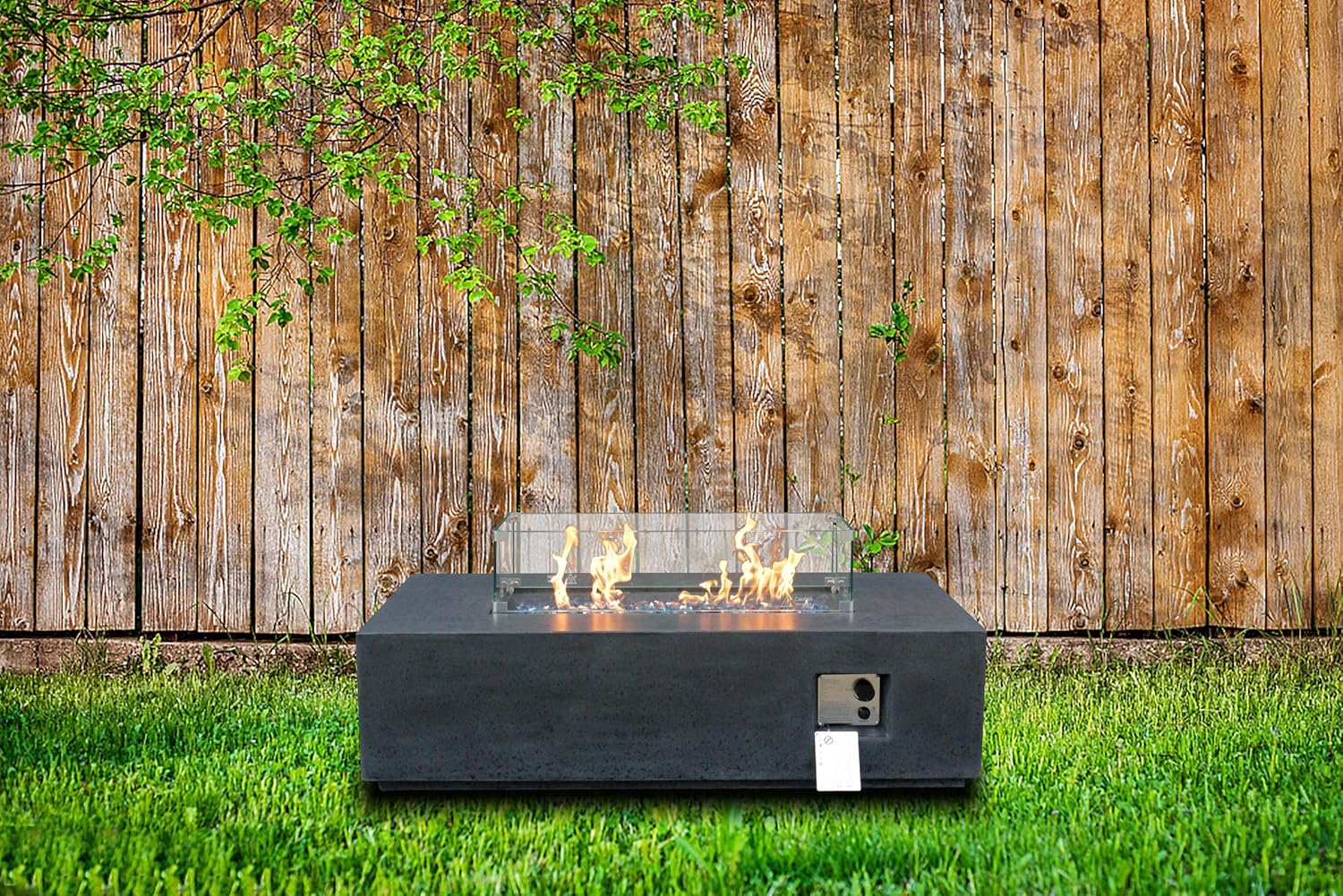 Penau 52 Inch Outdoor Concrete Propane Gas Fire Pit Table, 65000 BTUs, Dark Gray Color, Includes Glass Wind Guard and Waterproof Cover