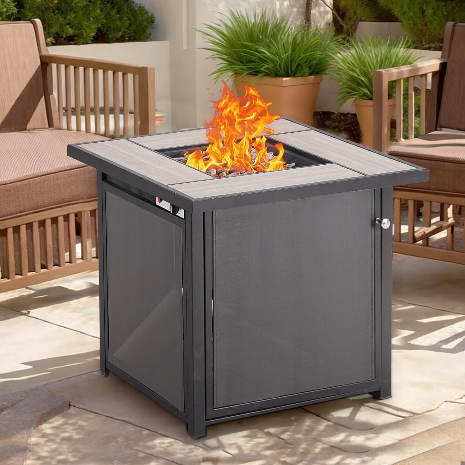 Patio Outdoor Gas Fire Pit Table 32 Inch Btu Rectangle Propane Inch Black Square Steel Natural Finish