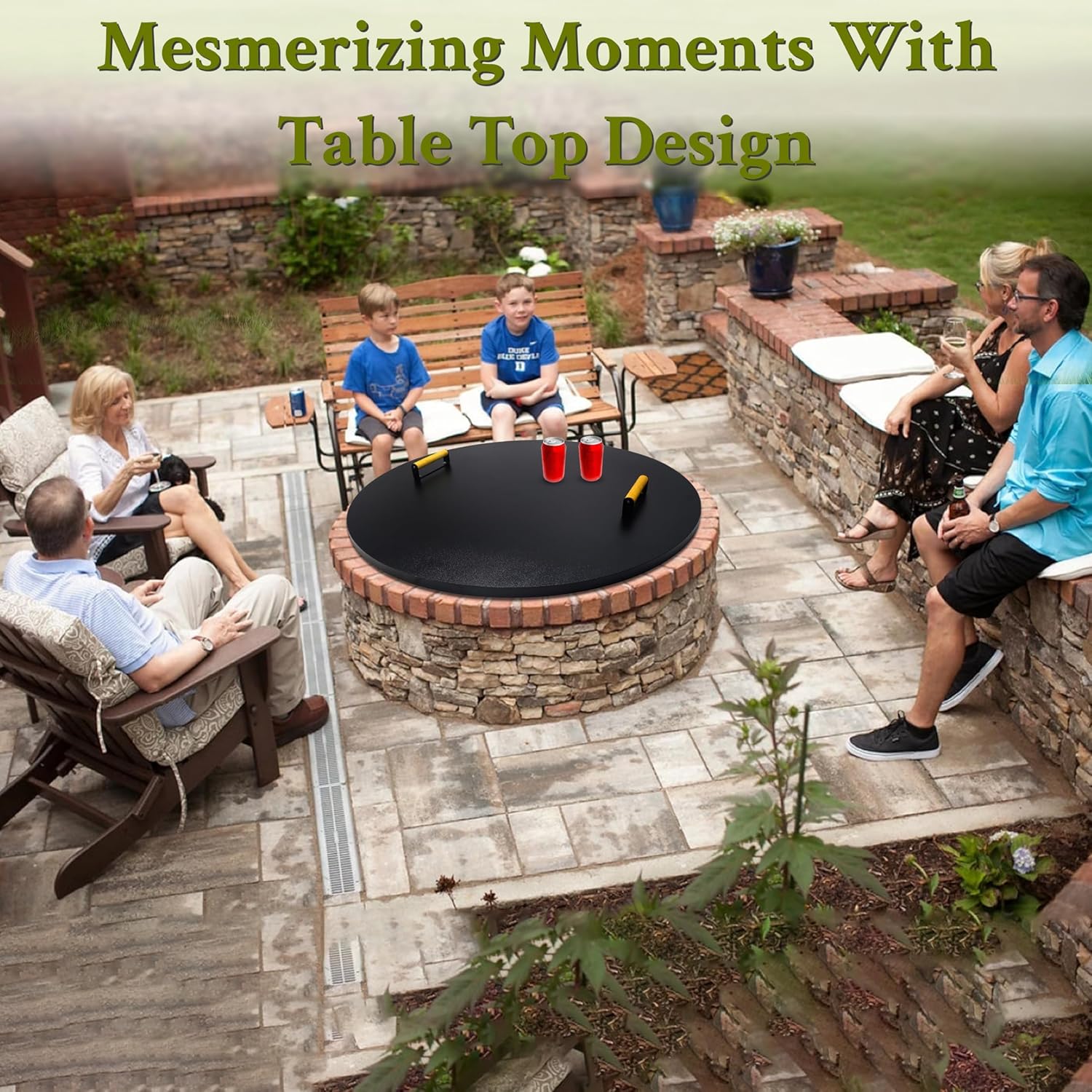 FEBTECH Fire Pit Lid 38 Inch - Powder Coated 16 Gauge Heavy-Duty Carbon Steel Fire Pit Grill Cover Round with 2 Convenient Wooden Handles with Fire Pits Inside Diameter Up to 36