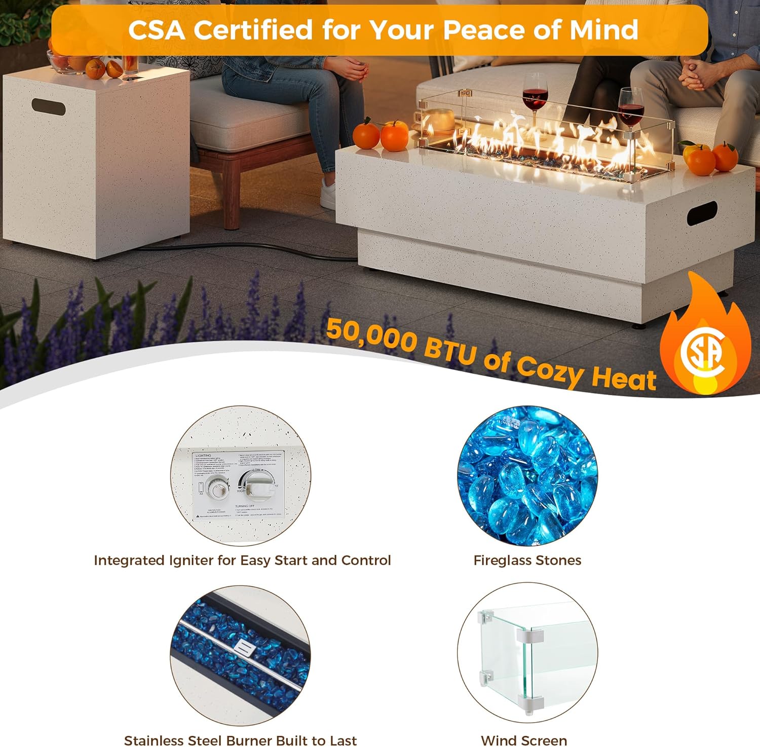 IRONCK 43-inch Outdoor Propane Fire Pit Table w Tank Table, CSA Certified, 2 in 1 Rectangular Patio Fire Pit w Glass Rocks, Wind Guard and Cover, 50000 BTU Outdoor Heater for Garden, Pool, White