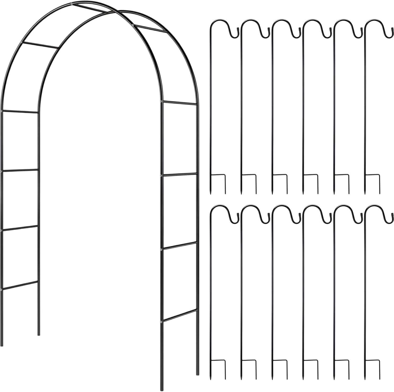 Lounsweer 7.8 ft H Metal Garden Arch Trellis for Climbing Plant Outdoor Garden Pergola Arbor with 12 Pack 31.4 Inch Shepherd Hooks for Hanging Christmas Lights, Lanterns, Wedding Christmas Party Decor