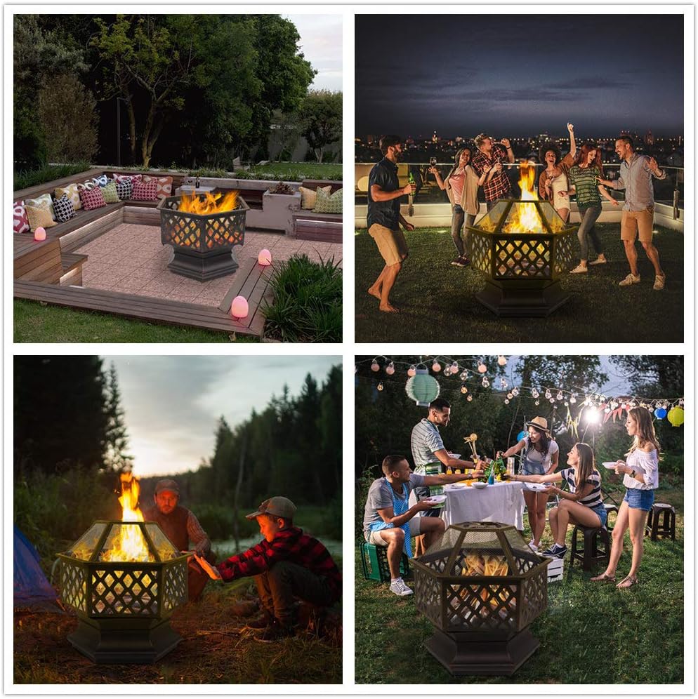 Outdoor Fire Pit 26 inch Hexagonal Patio Firepit Wood Burning Fireplace Portable Metal Fire Bowl with Mesh Screen Cover for Camping Picnic Bonfire Backyard Garden, black