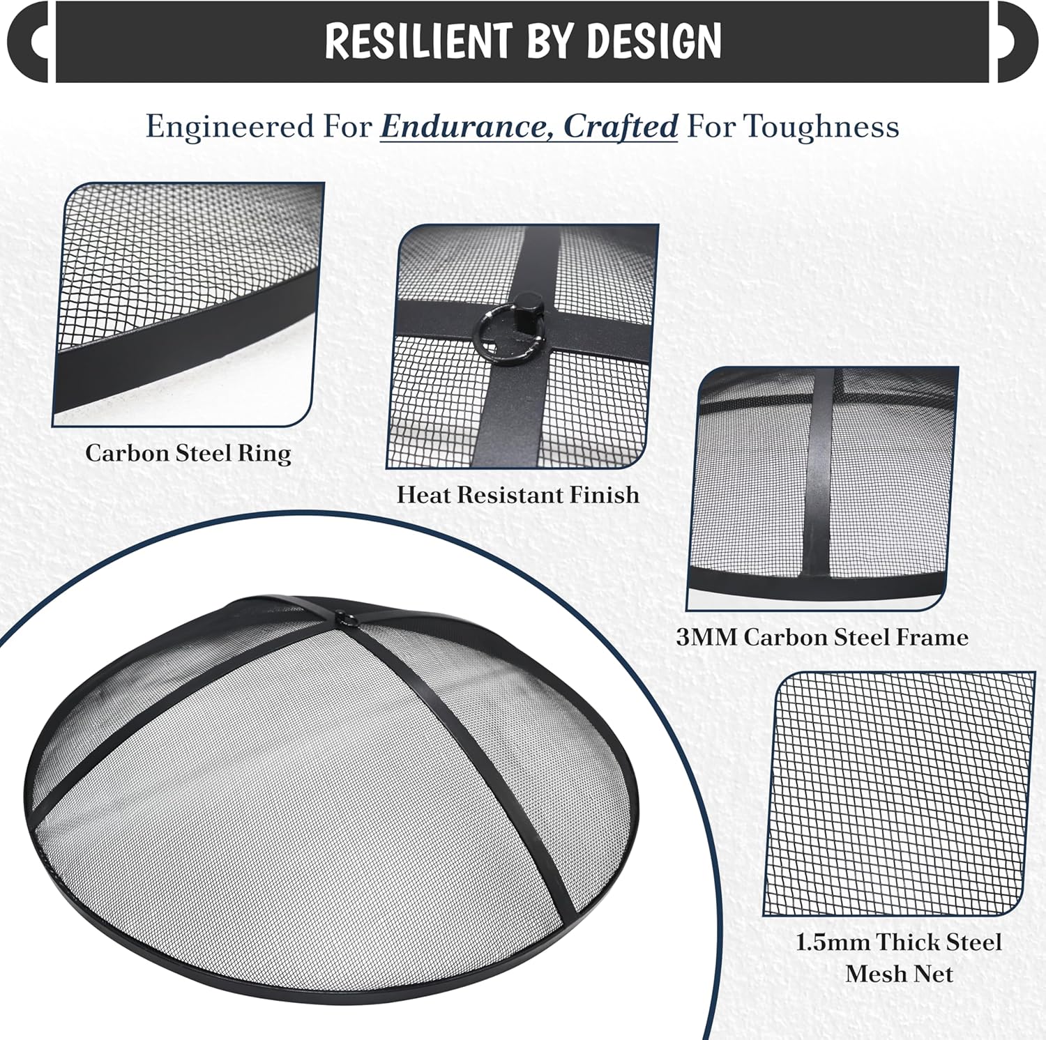 Fire Pit Spark Screen- Heavy Duty Fire Pit Screen 36 Inch Round with Hook Handle—Powder Coated Domed Outdoor Round Patio Mesh Firepit Screens Guard for Outdoor/Patio/Backyard/RV Camping/Beach