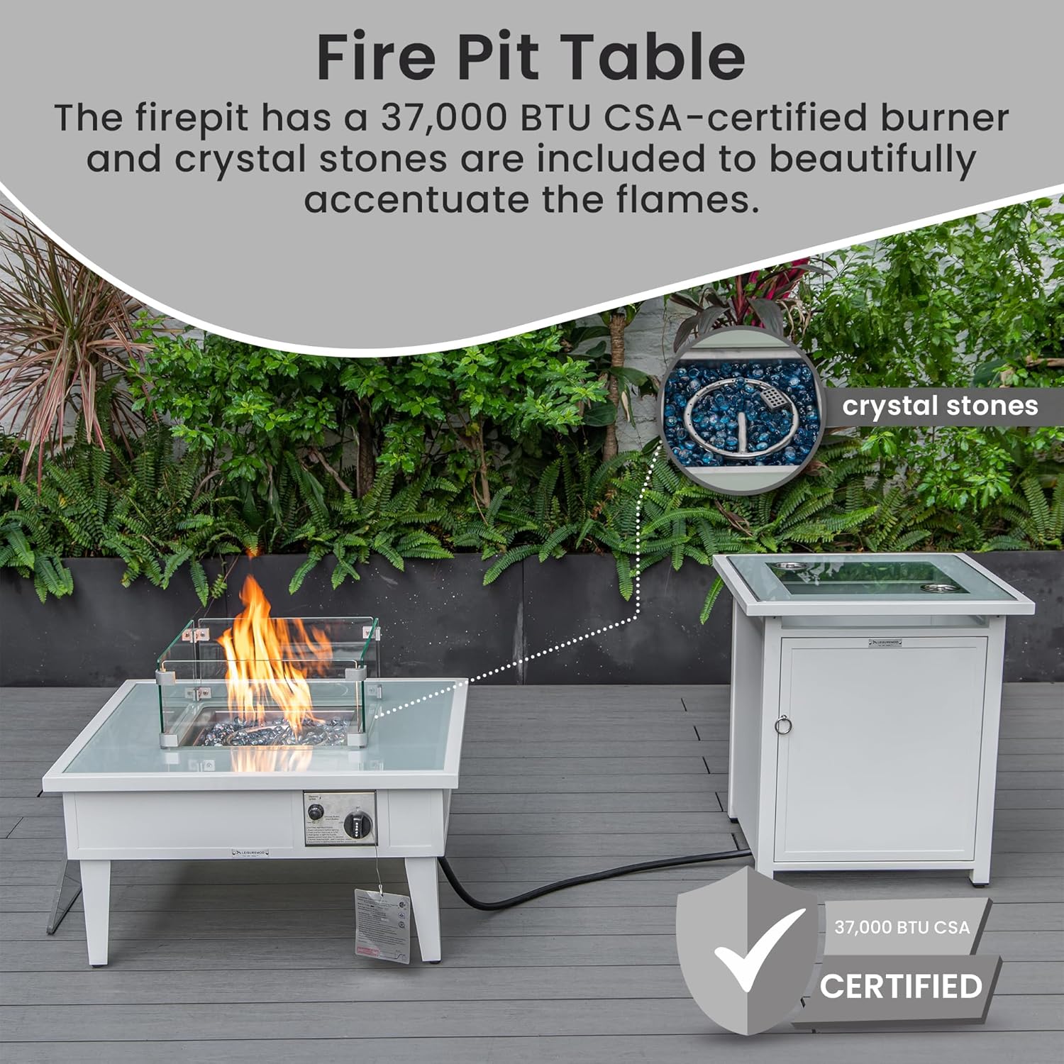 LeisureMod Walbrooke Modern Square Fire Pit Table and Tank Holder with Powder Coated Aluminum for Patio and Backyard Garden, White