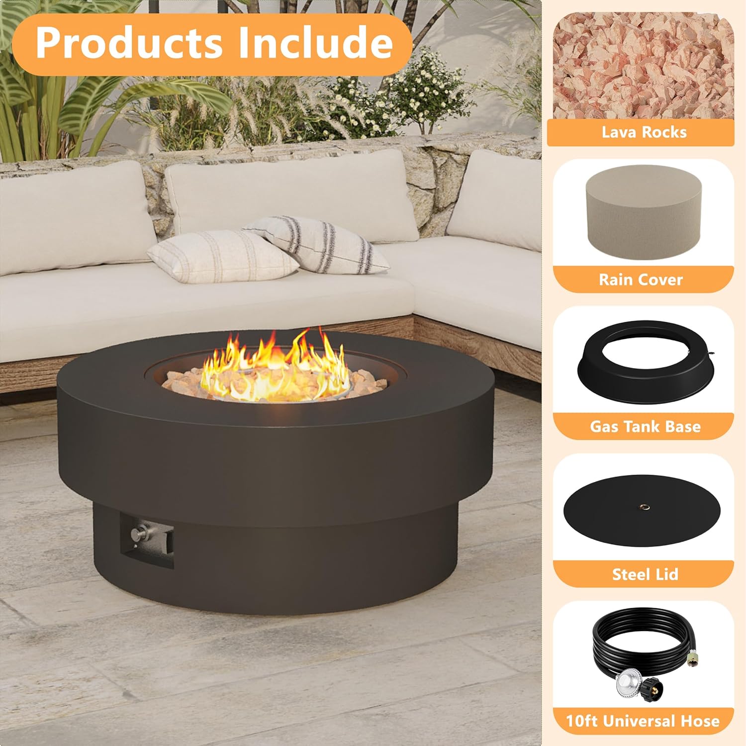 32 inch Outdoor Propane Fire Table, Round Patio Fire Pit Table, 50,000 BTU Gas FirePit with Lid, Cover, Lava Rocks, CSA Certified, Black
