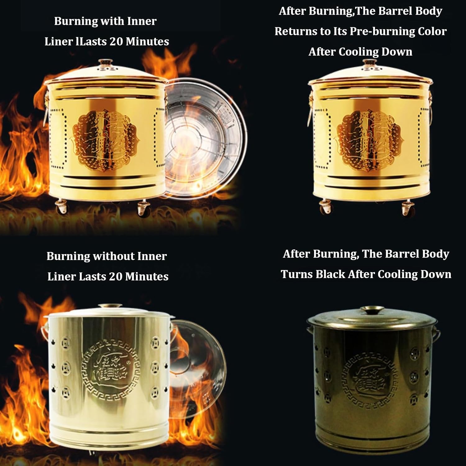 Stainless Steel Incinerator,Garden Incinerator with Wheels,Burn Barrels for Outside for Burning Trash,Fire Pit for Yard Patio and Backyard(33.5cm/13in, Gold)