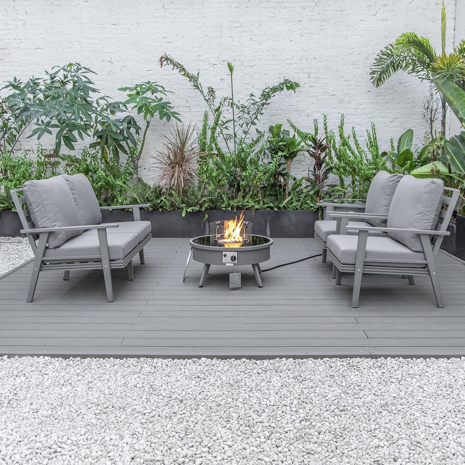 LeisureMod Walbrooke Modern Aluminum 5-Piece Patio Conversation Set with Outdoor Round Firepit Side Table Tank Holder, Grey