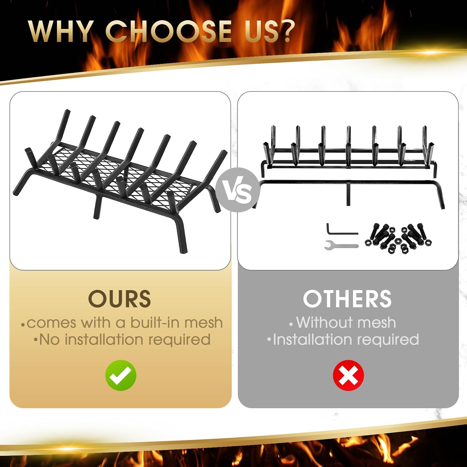 G GOOD GAIN Fireplace Grate with Ember Retainer, 26