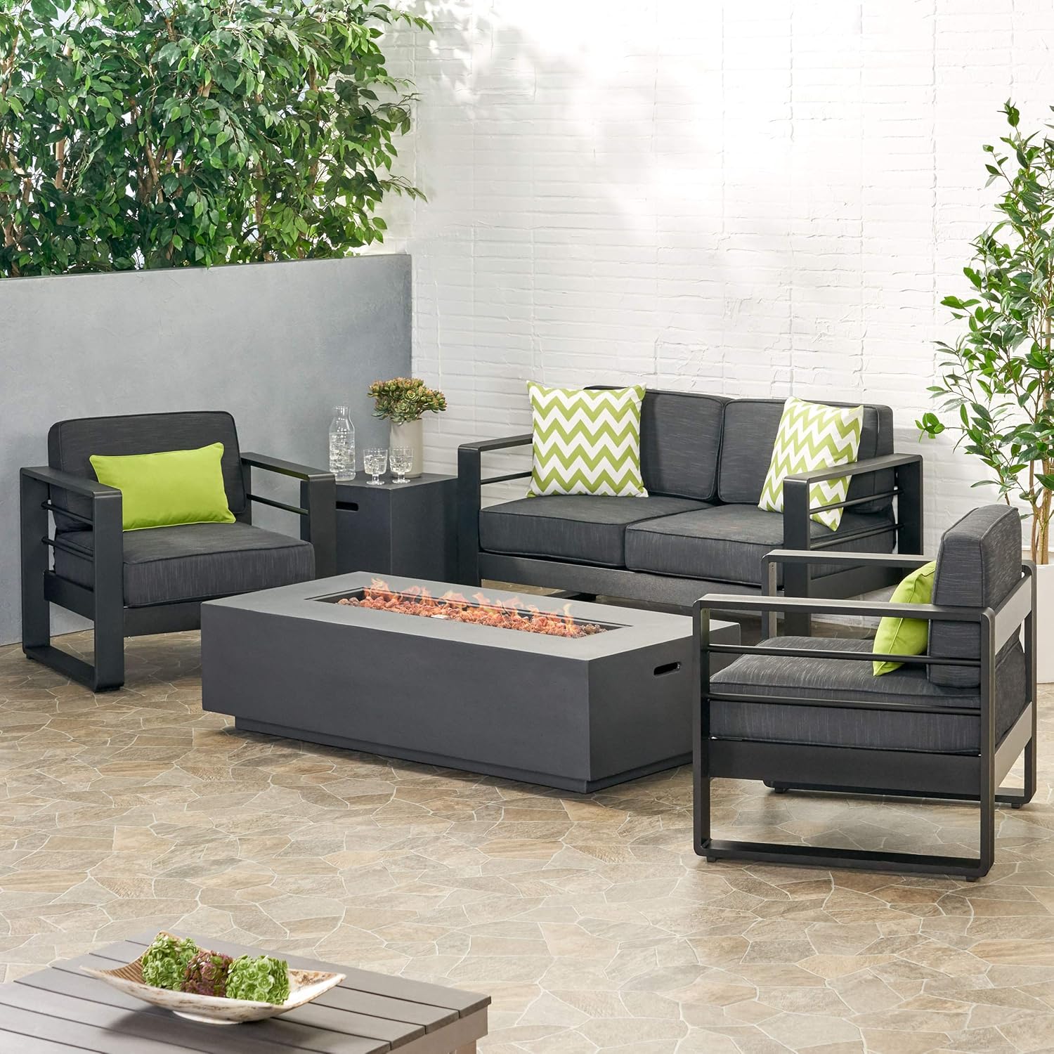 Christopher Knight Home Cheney Bay Outdoor Aluminum 4 Seater Chat Set with Fire Pit, Black, Gray, and Dark Gray