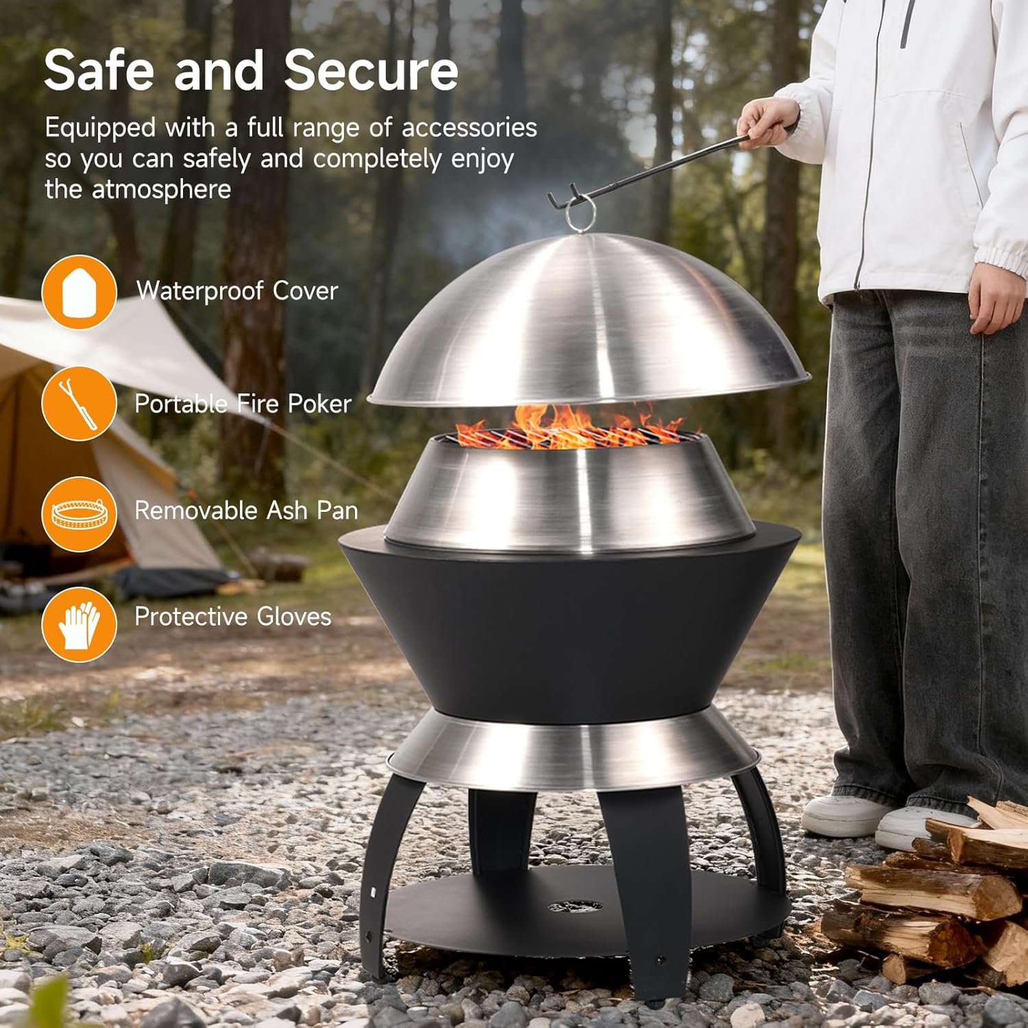 ONBRILL 20 Inch Smokeless Firepit, Outdoor Fire Pit with Waterproof Lid, Removable Ash Pan, Handbag, 2 in 1 Stainless Steel Potable Fire Pits for Outside Wood Burning, Bonfire, Camping, Picnic, Black