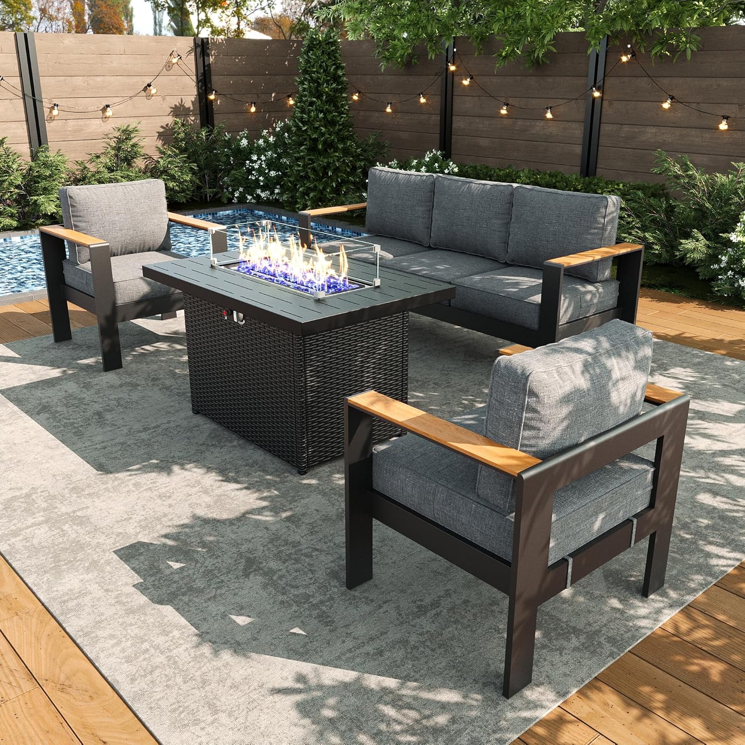 LayinSun 4 Piece Aluminum Outdoor Furniture Set with Fire Pit Table, Outside Patio Deep Seating Conversation Set with Upgraded Washable Thick Cushion