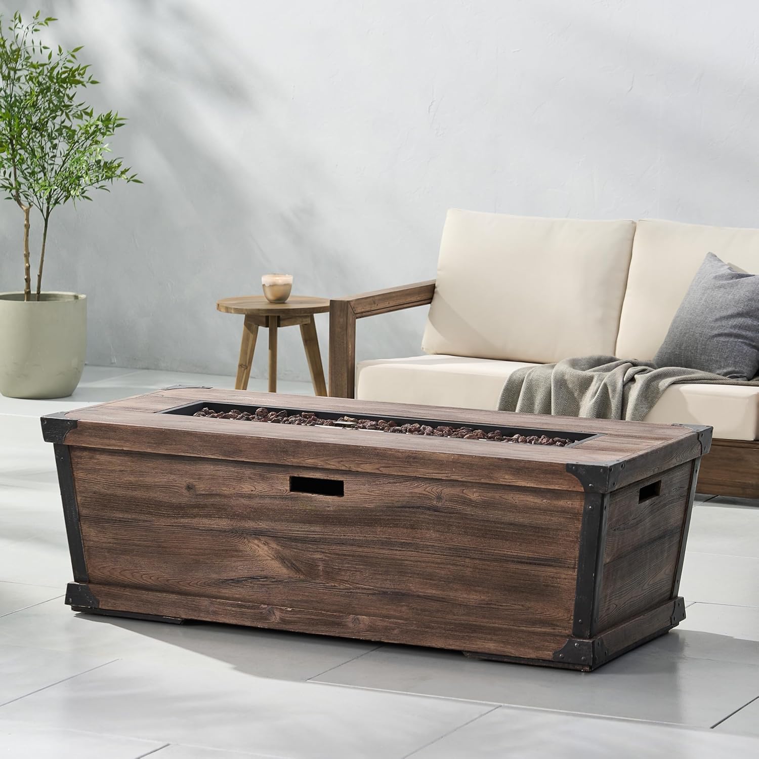 GOWE Outdoor Patio Concrete Fire Table, Rectangle Gas Burning 56-Inch Fire Pit - 50,000 BTU, Wood Pattern Fire Table, Brown (Tank Cover not Included)