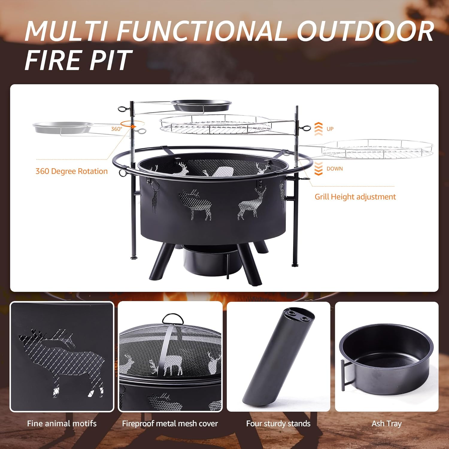 NATURAL EXPRESSIONS 32 Inch Outdoor Fire Pit, Wood Burning Fire Pits with 2 Grills, Poker, Brushes, Ash Pan, Mesh Cover, Waterproof Cover, Charcoal Fire Pit for BBQ, Patio, Bonfire, Heat&Cook