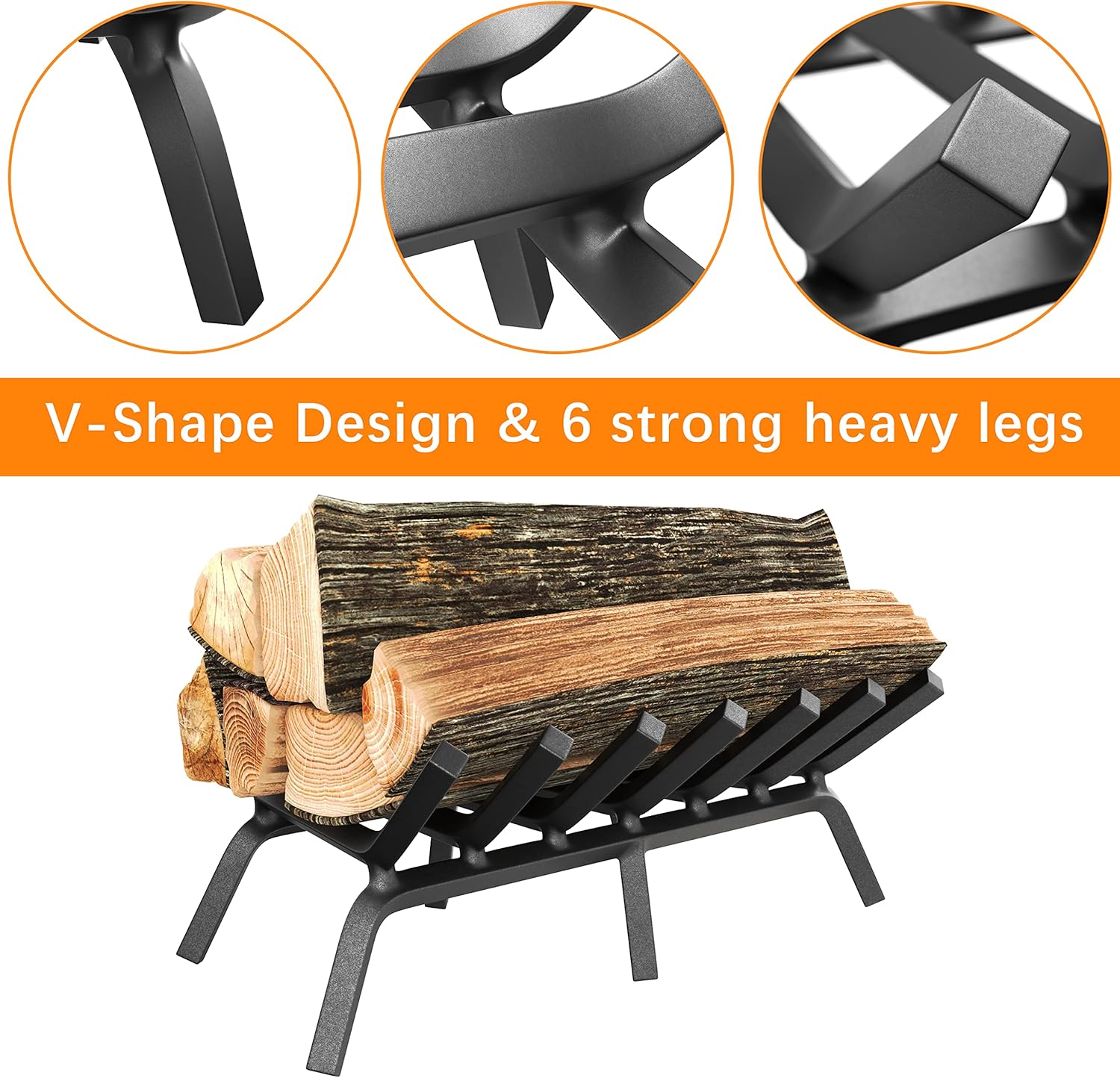 Mr IRONSTONE Fireplace Grate 24 inch Solid Steel Heavy Duty Firewood Log Burning Rack Fire Grates for Outdoor Kindling Tools Pit Indoor Fireplace Log Holder Wrought Iron Wood Stove