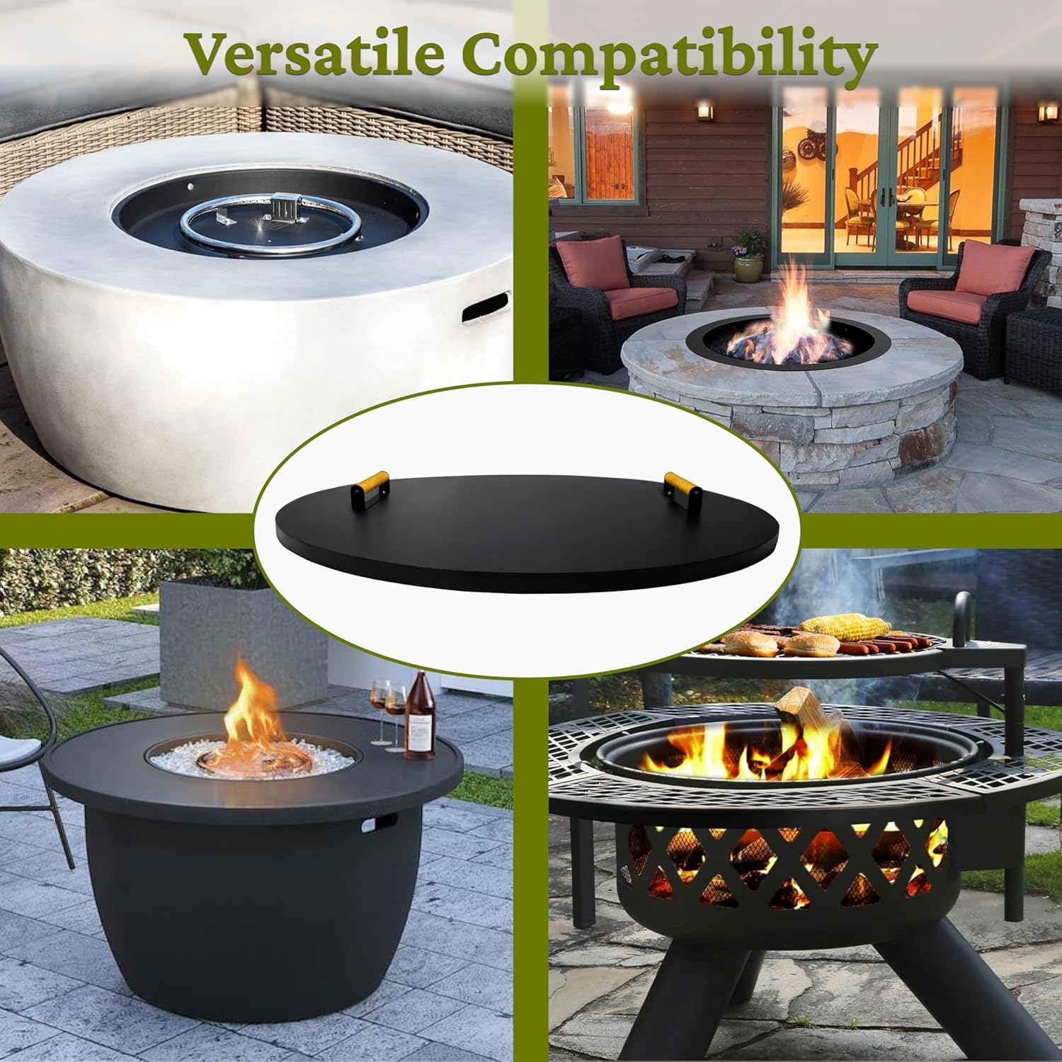 FEBTECH Fire Pit Lid 38 Inch - Powder Coated 16 Gauge Heavy-Duty Carbon Steel Fire Pit Grill Cover Round with 2 Convenient Wooden Handles with Fire Pits Inside Diameter Up to 36