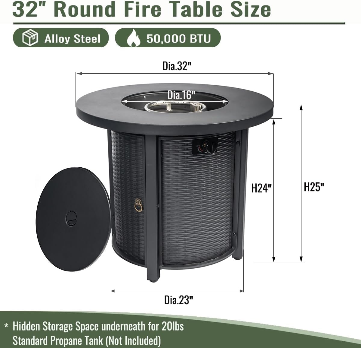 Propane Fire Pit Table, 32” Firepits for Outside, Round Gas Fire Pit for Outside Patio, Propane Fire Table with Steel Lid, Rocks for Patio, 50000BTU, Tank Inside, Tank Not Included, Black