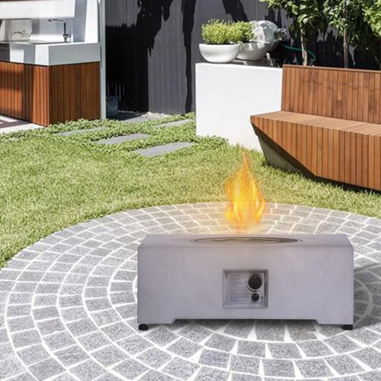 40,000BTU Exterior Faux Stone Propane Fire Pit for Outdoor Garden Backyard with Water Proof Cover and Lava Rock, Gray