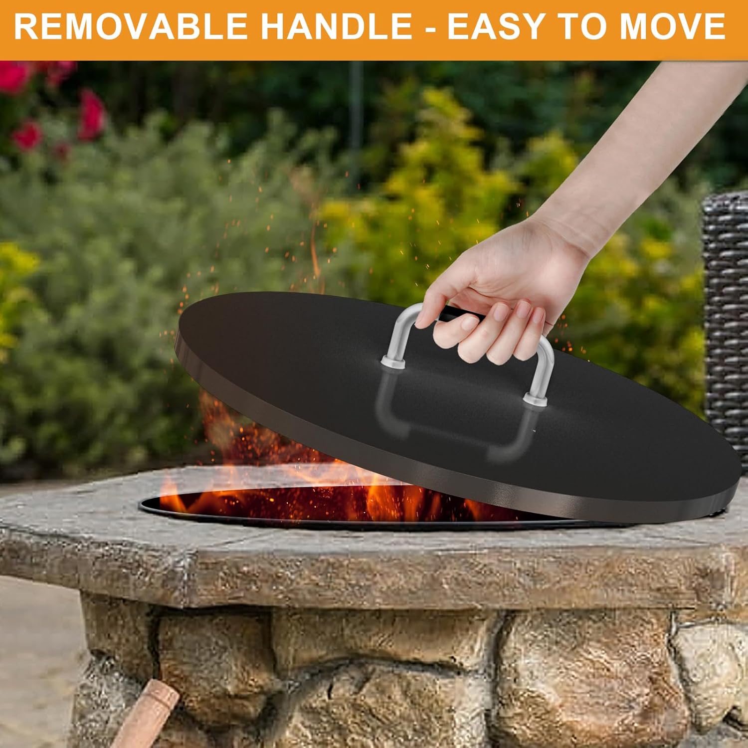 28 inch Universal Fire Pit Metal Cover for Outdoor Round Patio Fireplace, Snuffer Lid for Outdoor Round Built in Stone Firepit, Rust Resistant Coated Steel Fire Pit Ring Cover, Heat Resistant