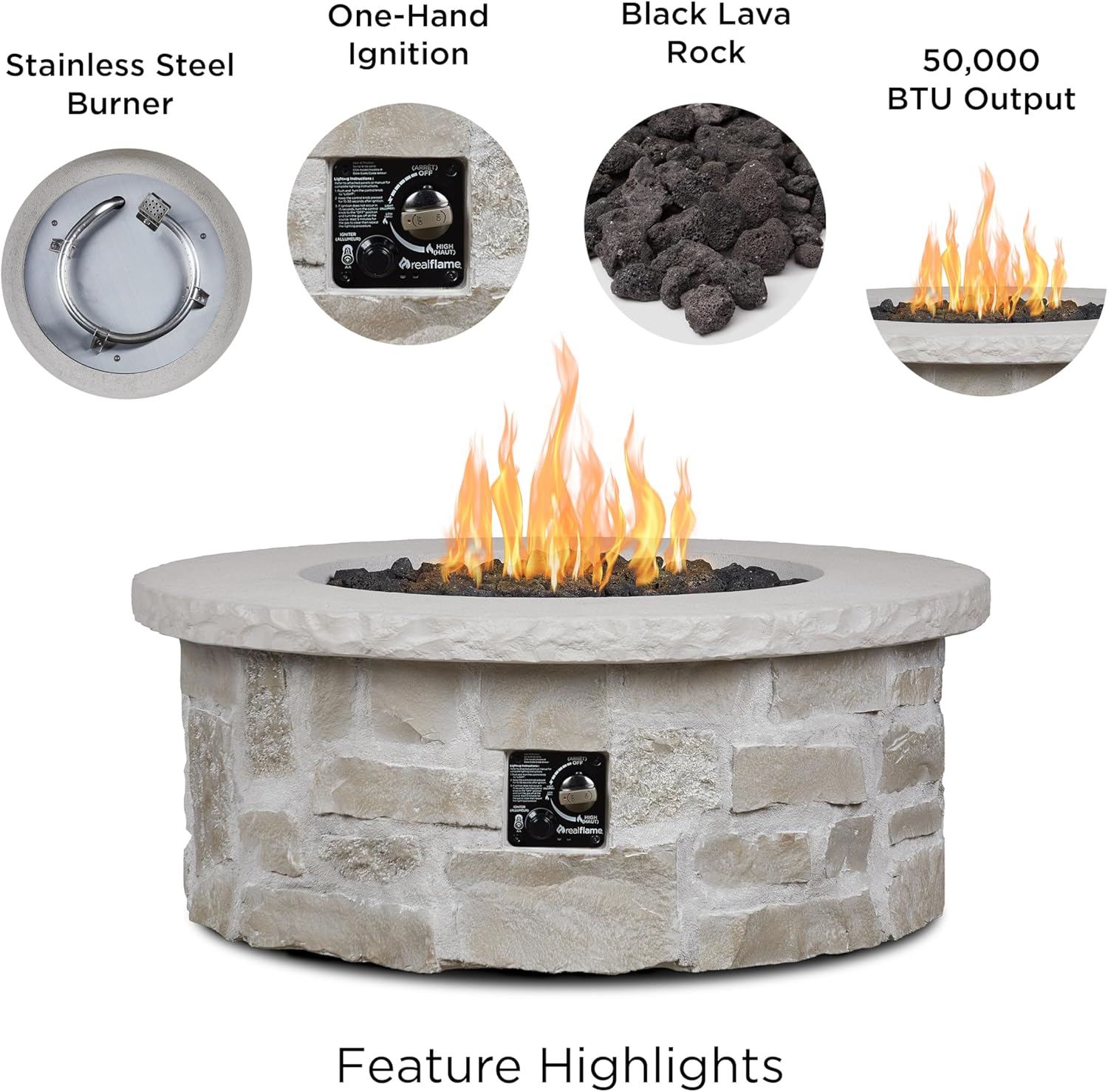 Real Flame Scottsdale 40” Round Stone Propane Fire Pit Table, 50000 BTU Outdoor Gas Fireplace for Outside Patio Backyard Deck and Garden, Includes Storage Cover and Lava Rock Filler