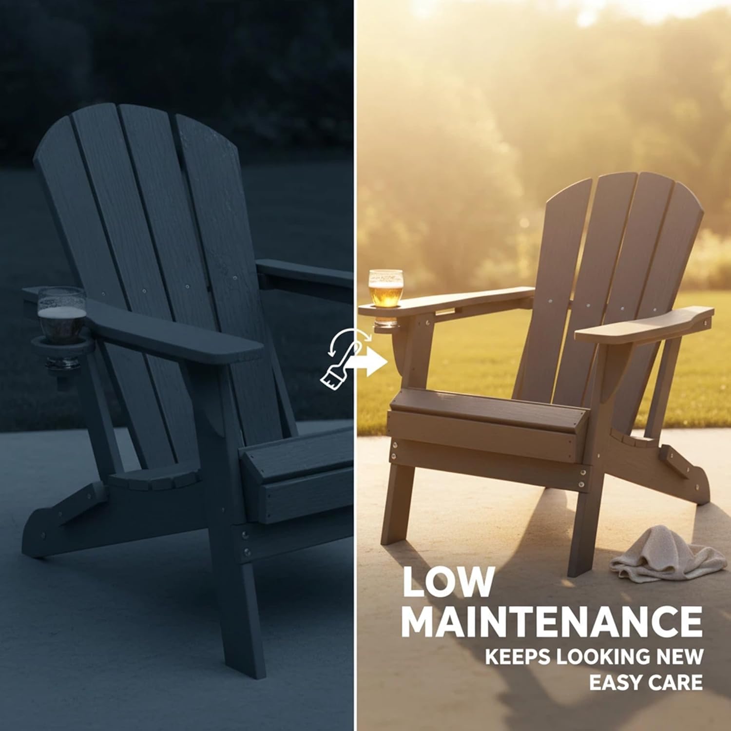 GLANC Folding Adirondack Chair Set of 2, HDPE All-Weather Outdoor Patio Fire Pit Chairs Lawn Chair for Poolside Backyard Deck Balcony, Wooden Textured with Cup Holder, 380LBS Capacity (Black)