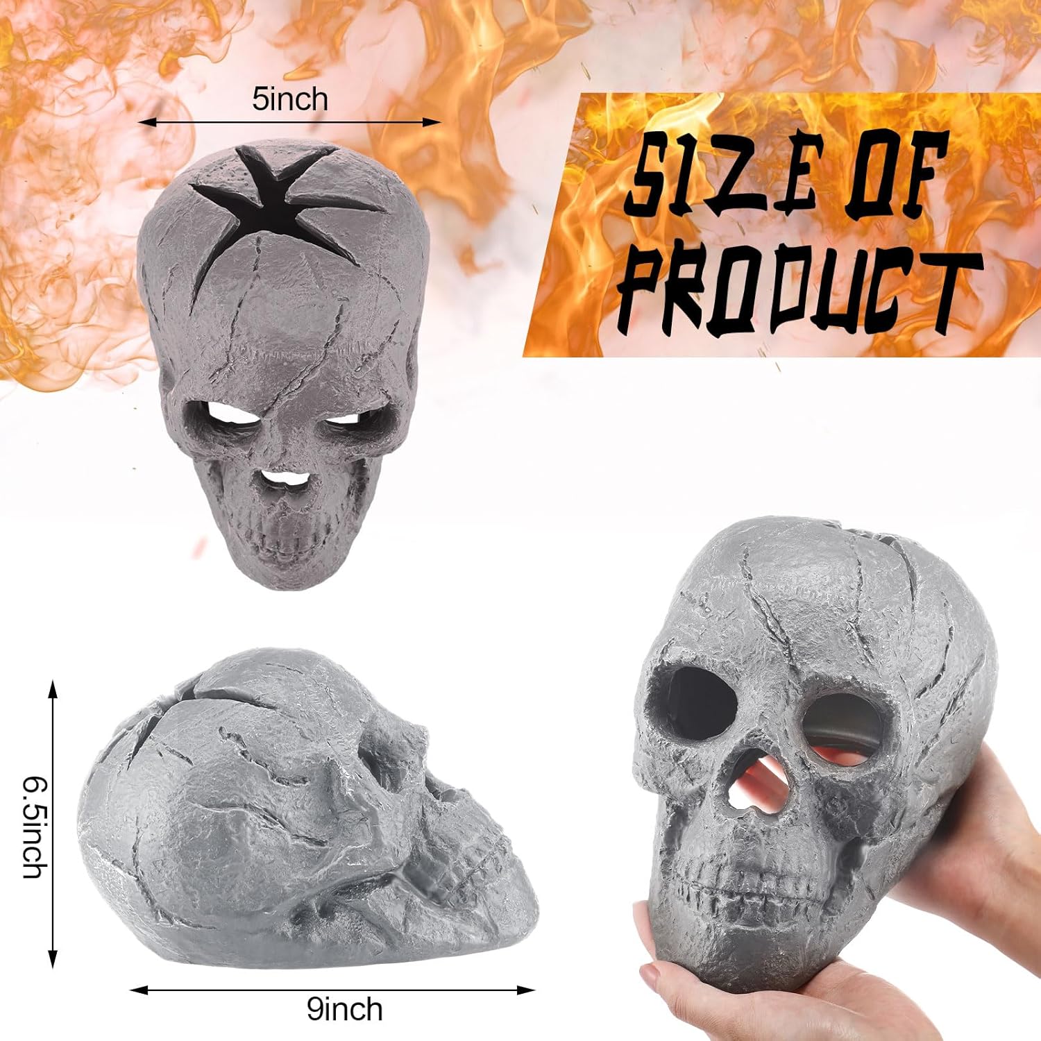 Zhehao 6 Pack Ceramic Fire Pit Skulls, 9 Inch Imitated Human Fireproof Skulls Bonfire Accessories Fake Logs Reusable Skull Firepit Stones for Outside Halloween Decor for Propane Wood Fires (Gray)