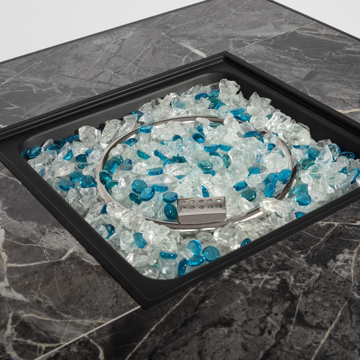 30'' Propane Fire Pit Table, Marble Textured Ceramic Tabletop, 50,000 BTU Fire Table with Brown Wicker, Mix Color Glass Rocks, Including Lid&Cover, Square