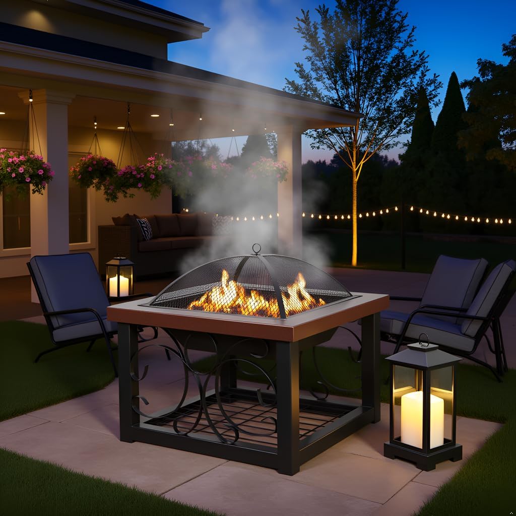 Fire Pit Cocktail Square Table Wood Burning Steel Mesh Spark Screen Wood Grate Screen Lift Steel Firepit with Log Storage Rack - Hammer Tone Bronze Finish