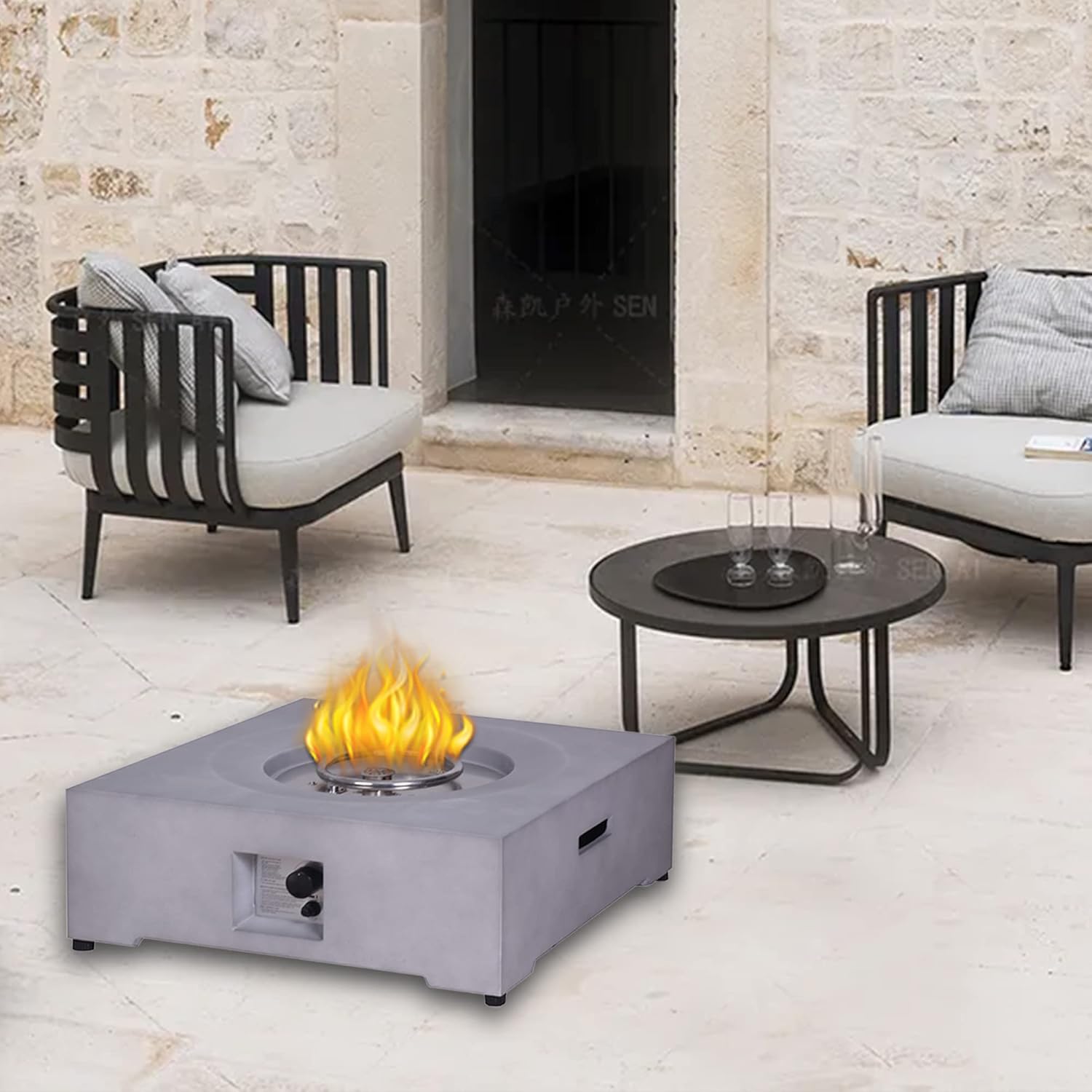 40,000BTU Exterior Faux Stone Propane Fire Pit for Outdoor Garden Backyard with Water Proof Cover and Lava Rock, Gray