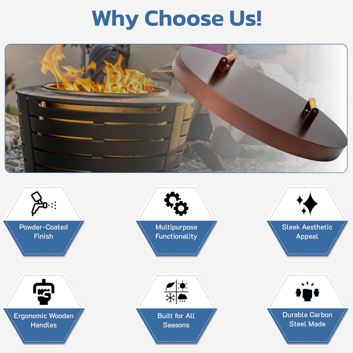 25.5” Round Fire Pit Lid – Bronze Coated fire pit cover round metal for Outdoor Fireplace 16 Gauge Steel Flat Fire Pit Burner Pan Cover with Wooden Handle Snuffer Lid for Round Patio Fire Pit