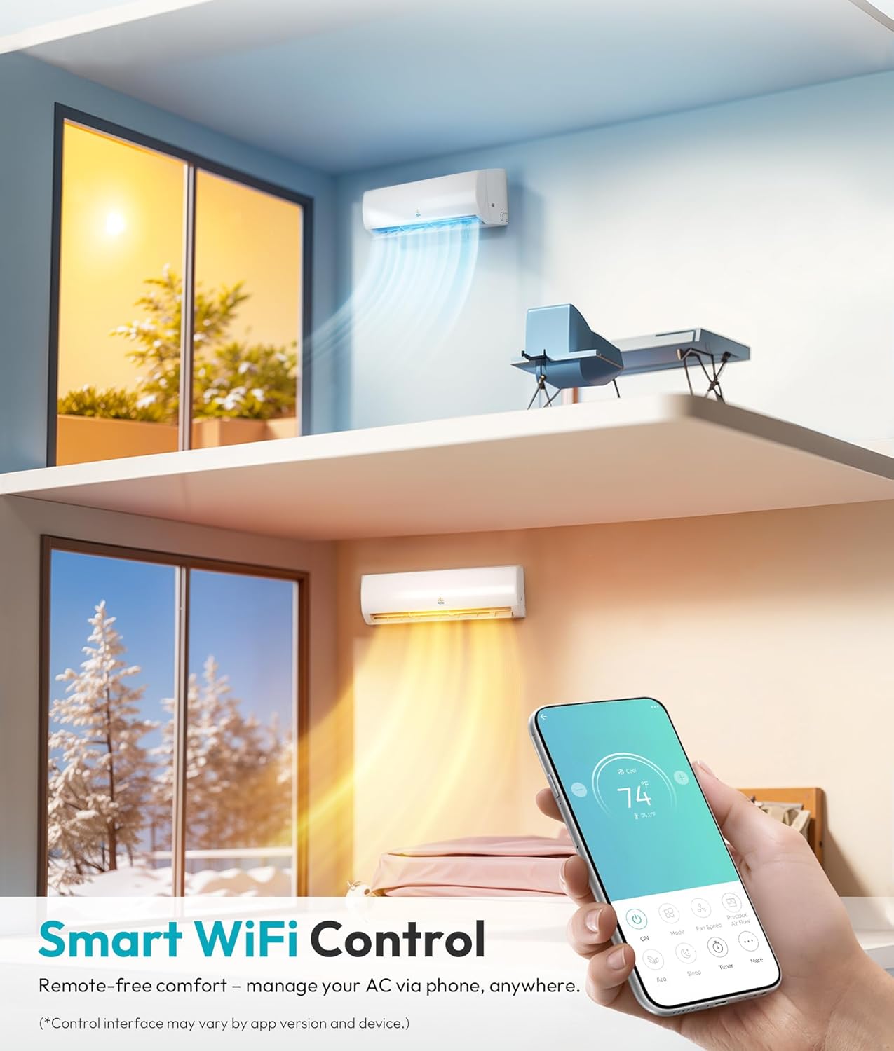 18000 BTU Wifi Mini Split AC/Heating System with Inverter, 21 SEER2 Cools Up to 1250 Sq.Ft Energy Saving 230V Ductless Split Air Conditioner Unit with Heat Pump & Installation Kit, White