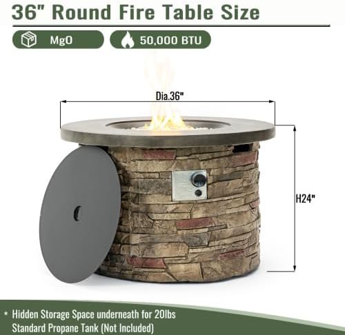36'' Propane Gas Fire Pit Table, 50000 BTU Round Concrete Fire Pit for Outside Patio Deck Garden Backyard - Sandston