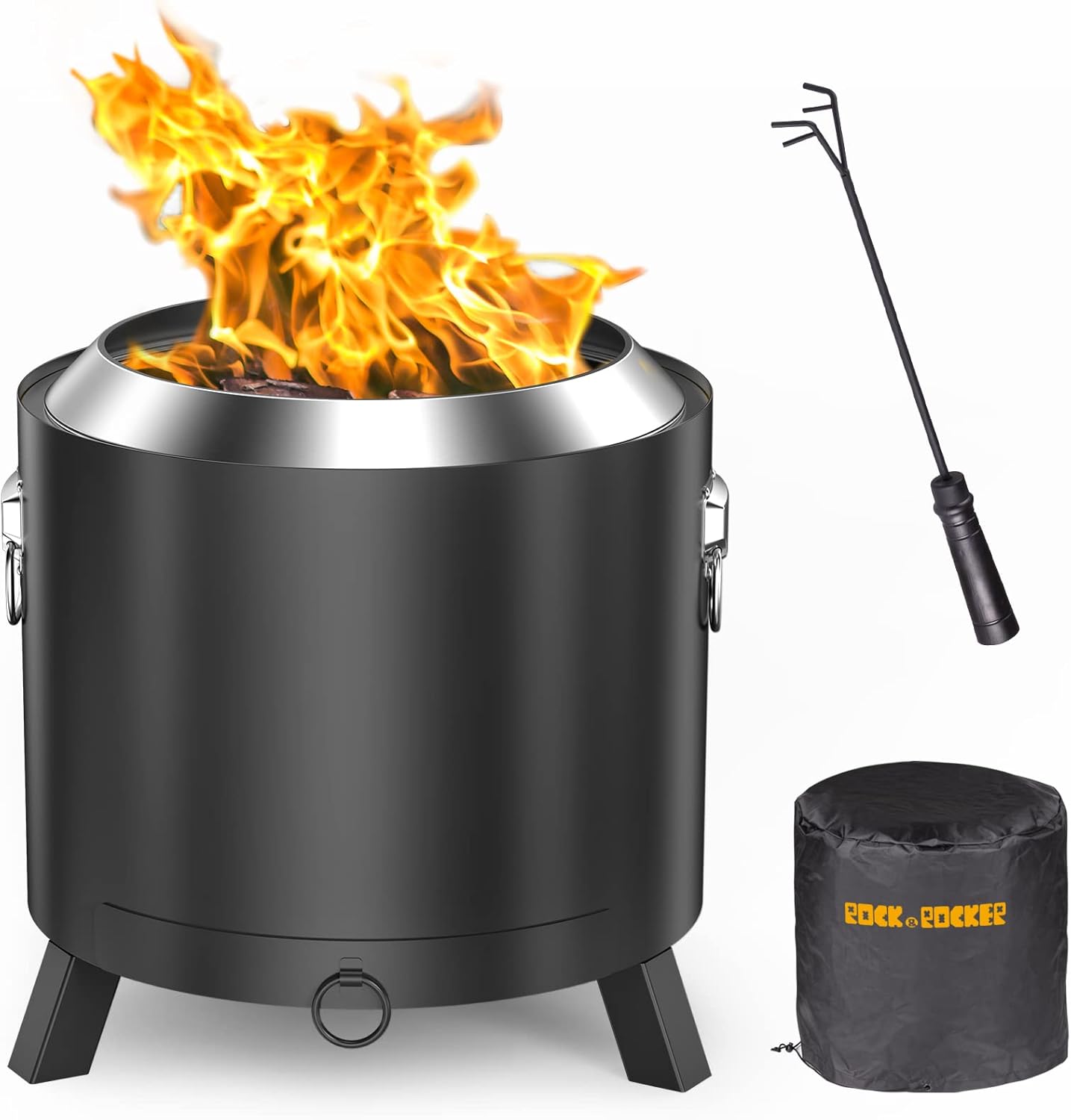 Rock&Rocker Smokeless Fire Pit, 304 Stainless Steel, 18.5 Inch Outdoor Bonfire Firepit, Fire Pits for Outside, with Removable Ash Pan, Portable Handle & Waterproof Cover, for Backyard Party, BBQ