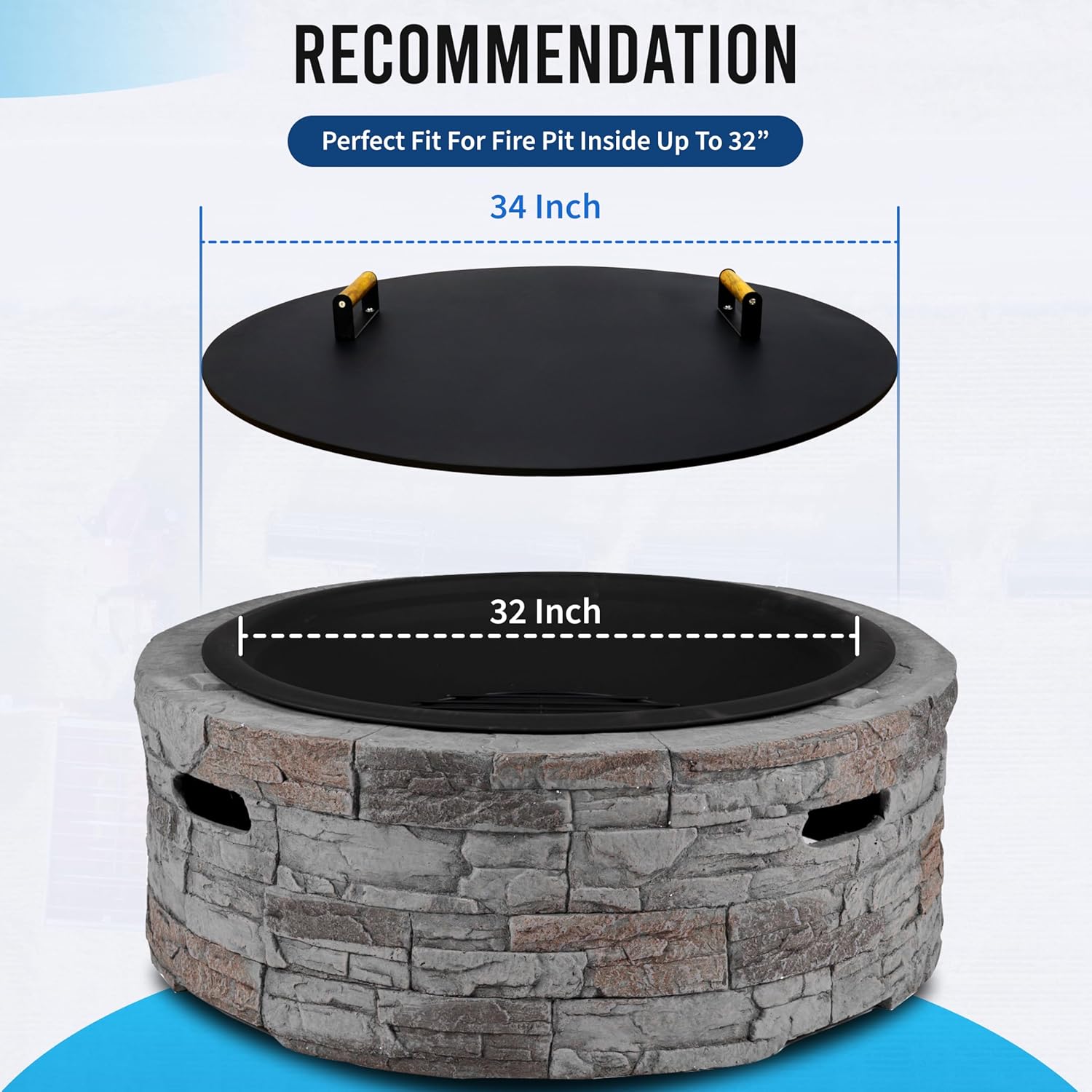 Fire Pit Lid 34 Inch – Round Metal Cover with Wooden Handles, Weather-Resistant Snuffer Lid for Outdoor Bonfire & Propane Fire Pits, Doubles as Table Top