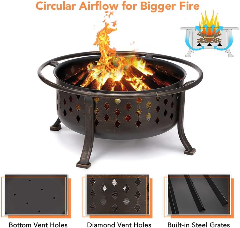 36 Inch Fire Pit Outdoor Wood Burning Fire Pits Heating Large Steel BBQ Grill Firepit Bowl for Winter with Cooking Grate