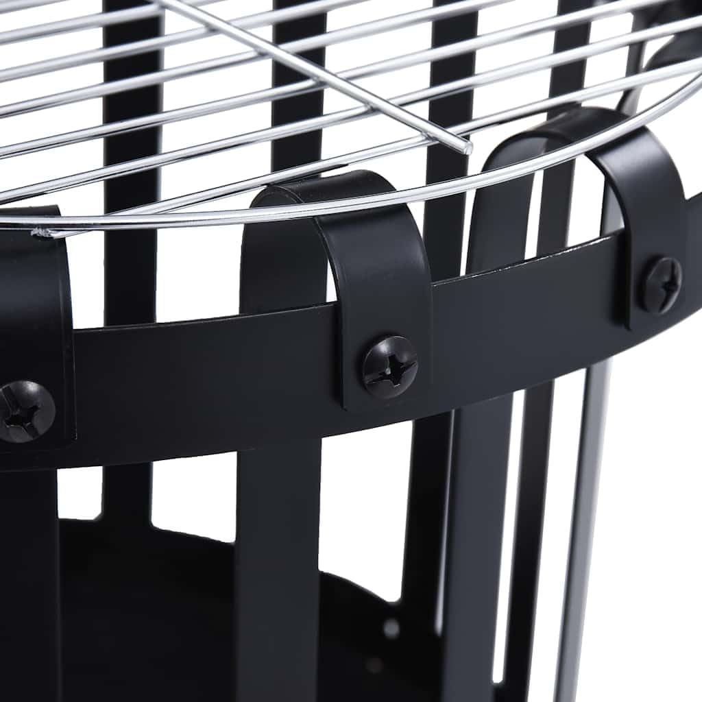 vidaXL Powder-Coated Steel Garden Fire Pit with Cook Grill – Portable BBQ Fire Basket with Stable Base – Ideal for Garden, Backyard, Outdoor and Patio – Black, 19