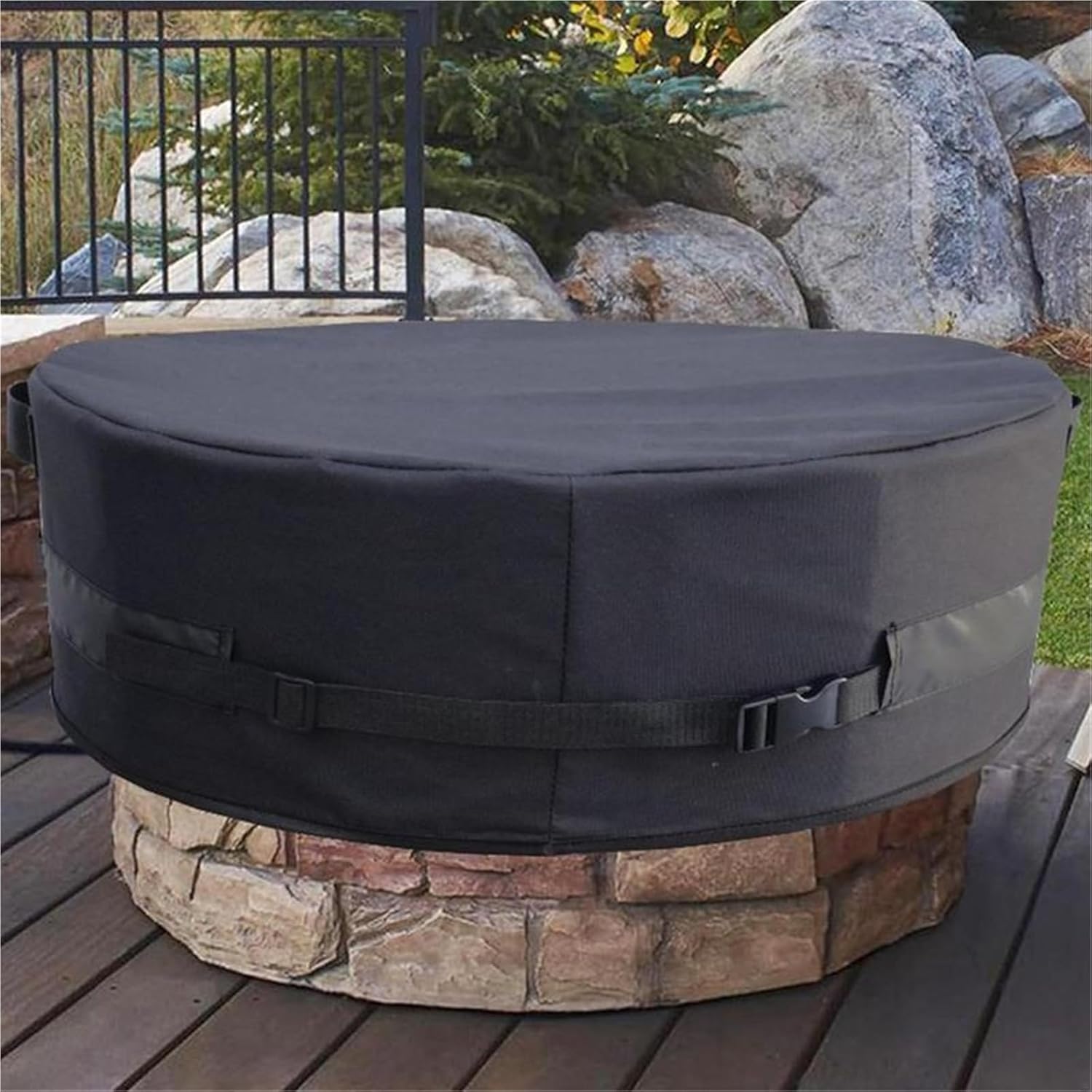 Outdoor Fire Pit Cover Waterproof Patio Fireplace Cover 600D Oxford Cloth Adjustable Buckle Heavy Duty for Patio Fireplaces(51 x 8inch)