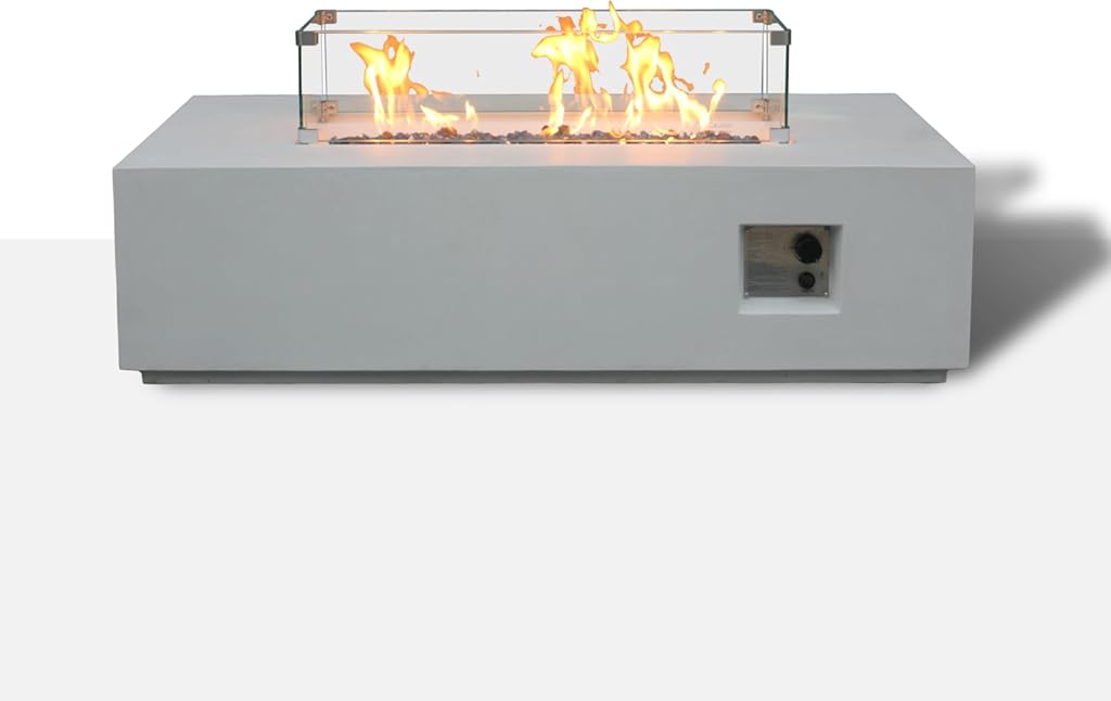 52 Inch Outdoor Concrete Propane Gas Rectangle Fire Pit Table in Antique White Color