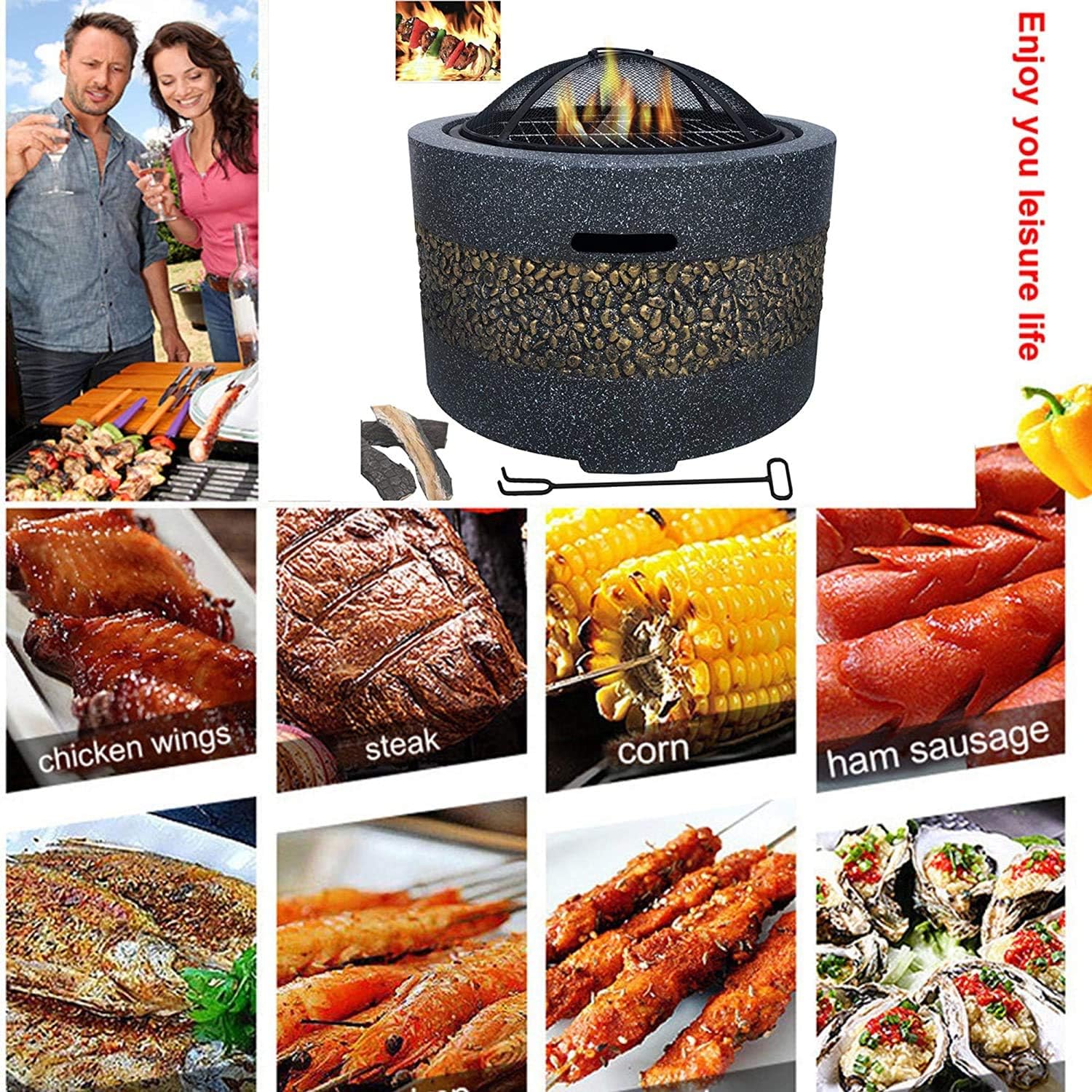 Courtyard Heating Stove, Charcoal Grill, Barbecue Grill, Round Fire Pit Grill, Wood-Burning Grill, Outdoor Grill Brazier, with Mesh Screen