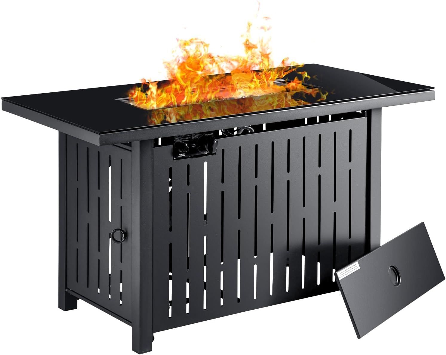 Flamaker Gas Fire Pit Table 43 inch 50000 BTU Outdoors Gas Propane Firepits with Tempered Glass Desktop, Lid & Lava Rock and Waterproof Cover for Deck, Backyard, Patio