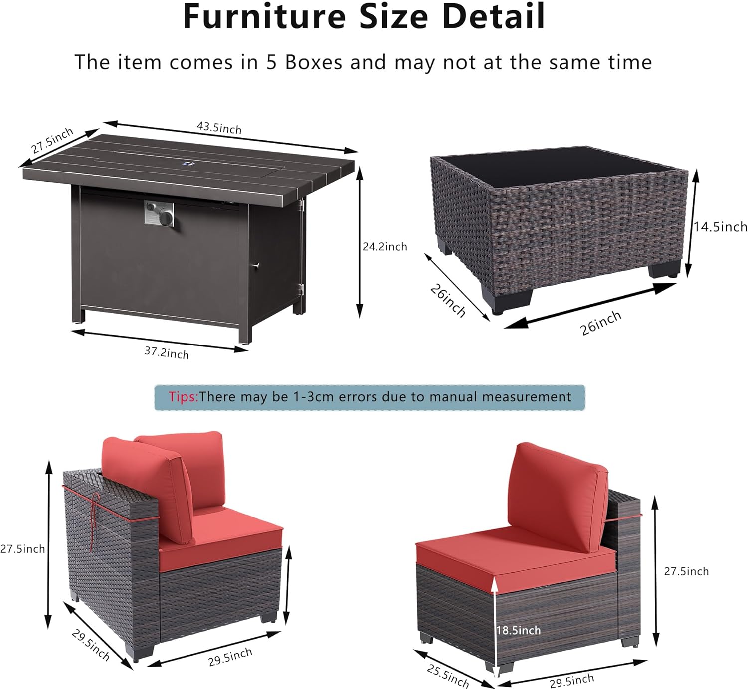 Outdoor Terrace Furniture Set, 15 Piece Outdoor Furniture Set, with 43 inch Aluminum 55002 BTU Propane fire Pit, PE Willow Vine Terrace Dialogue Set - Red.