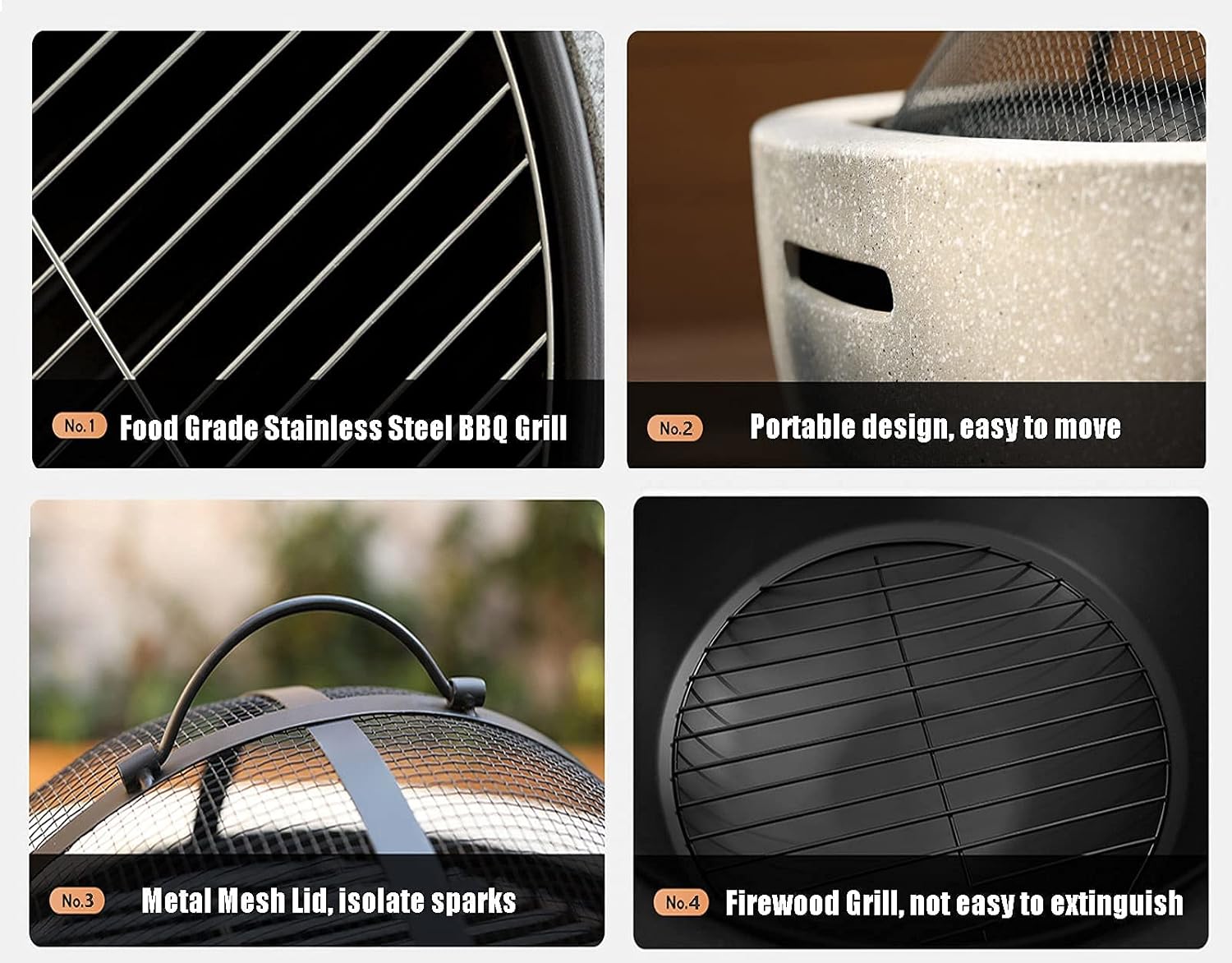 Outdoor Fire Pit Garden Wood Burning Fire Pit BBQ Grill Table - 23“, Outdoor Wood Burning Fire Bowl with Spark Screen Cover and Poker