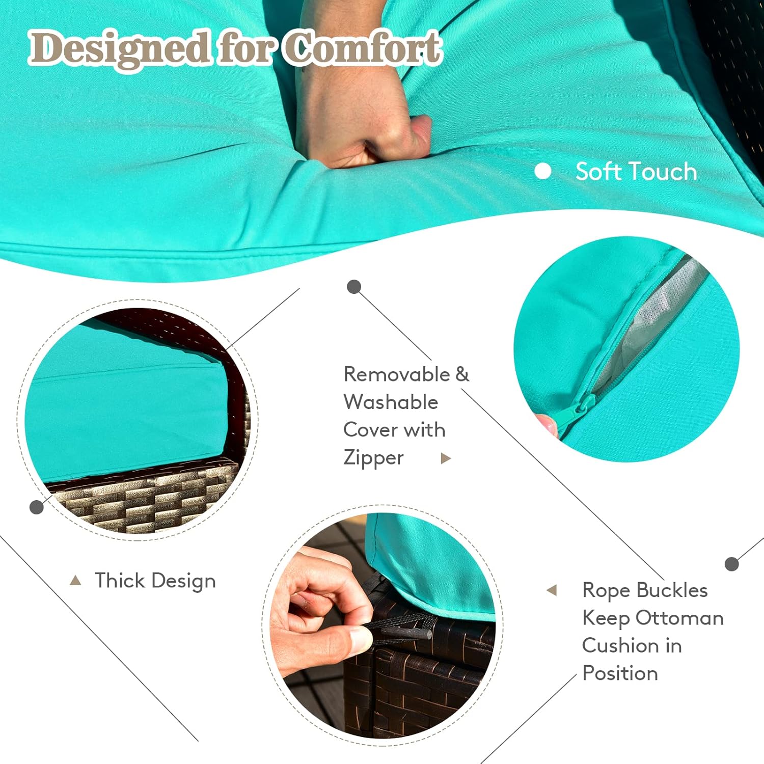 COSTWAY 9 Piece Patio Furniture Set with 35'' Fire Pit Table, Outdoor Wicker Rattan Sectional Sofa Set with 4'' Thickened Cushions, 2 Coffee Tables and 2 Ottomans for Poolside Backyard (Turquoise)