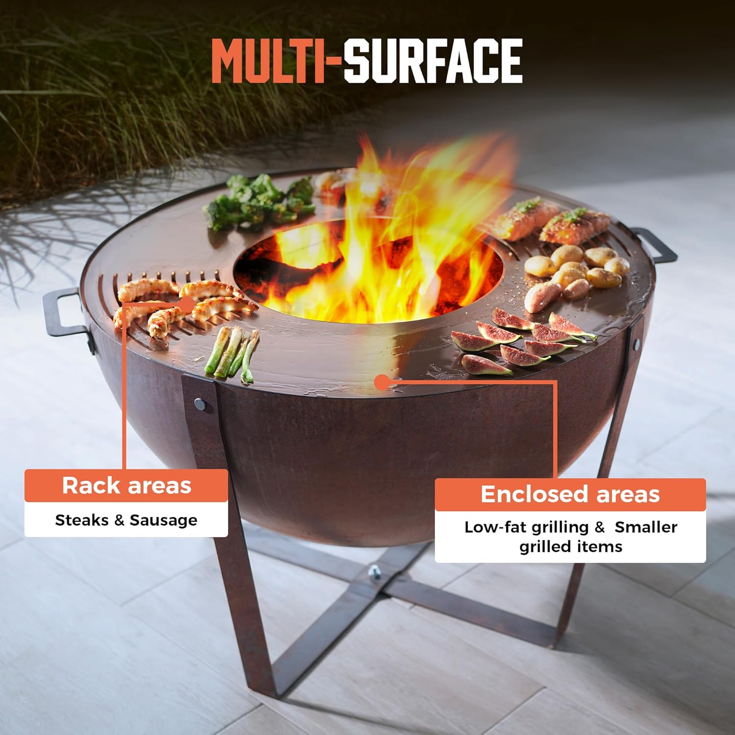 Corten Steel Heavy-Duty Fire Pit with Grilling Ring,Fire Pit Bowl with Stand,Round Firepit with Handle, Weathering Steel Wood Burning Firepit for Outside Backyard Deck Party Bonfire,32”