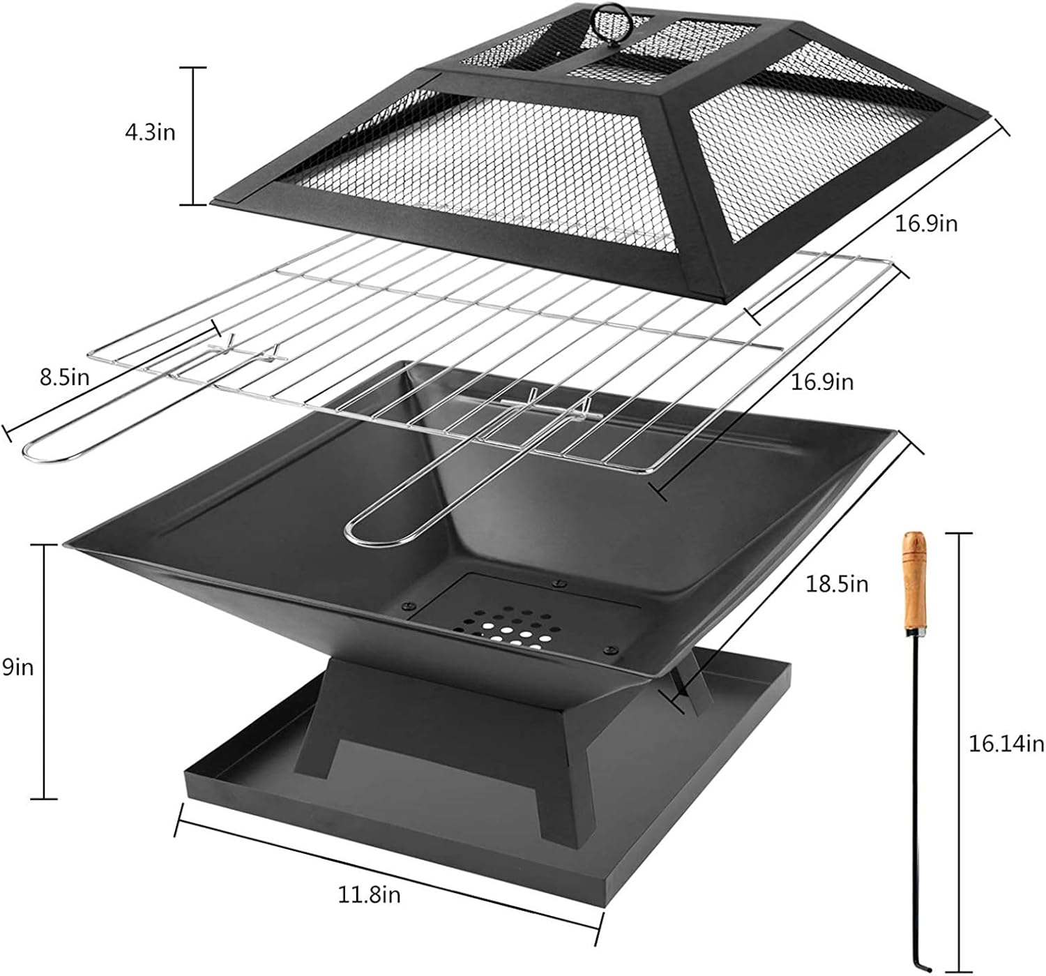 Fire Pit Portable Outdoor Fire Pits, Wood Burning Bonfire BBQ Firepit, with Spark Screen Fireplace Poker Firebowl