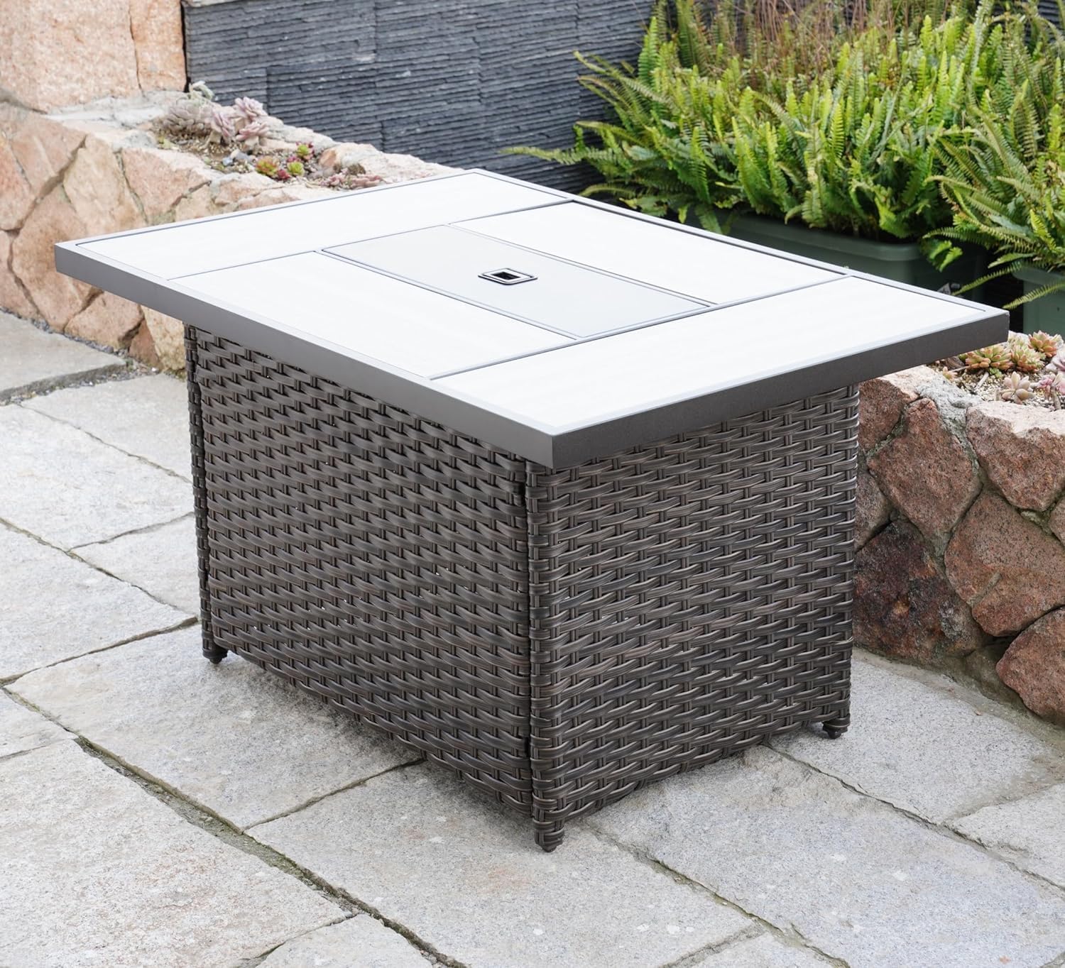 Fangflower Fire Pit Table 43 Inch, 50,000 BTU Outdoor Stainless Steel Propane Firepit with Lid/Lava Rock/Adjustable Flame for Patio, Garden, Backyard,Square, Black